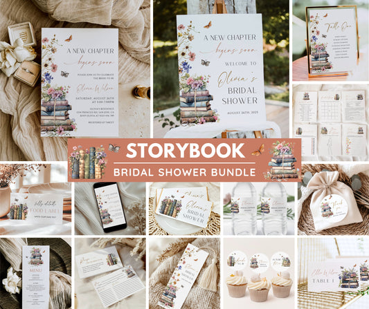Storybook Bridal Shower Bundle | New Chapter Bridal Shower Invitation & Games | Vintage Book Themed Decor | Editable Canva Template