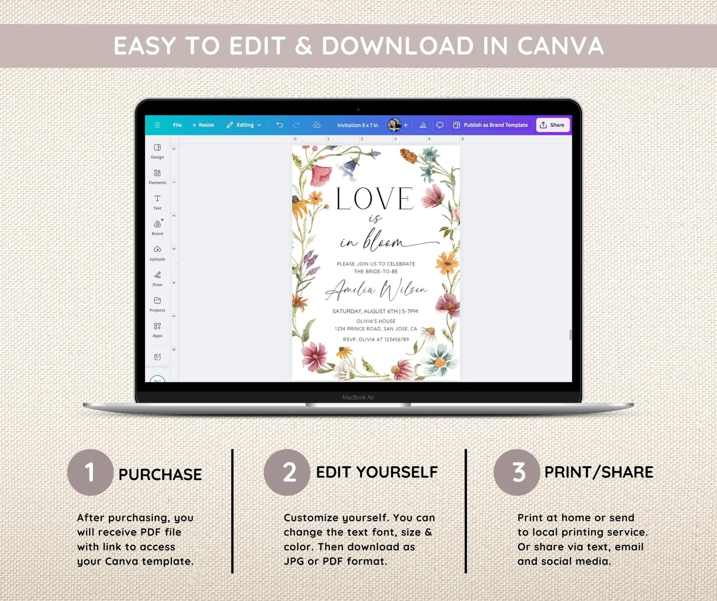 Wildflower Bridal Shower Invitation Bundle, Love Is In Bloom Bridal Shower Invite Template, Wildflower Floral Bridal Shower Decor, EDITABLE