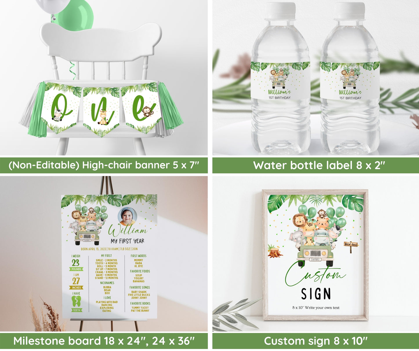 Safari 1st Birthday Bundle, Safari Wild One Birthday Bundle, Safari Animal Invitation Bundle, Editable, Boy, Balloon Decor Welcome Milestone
