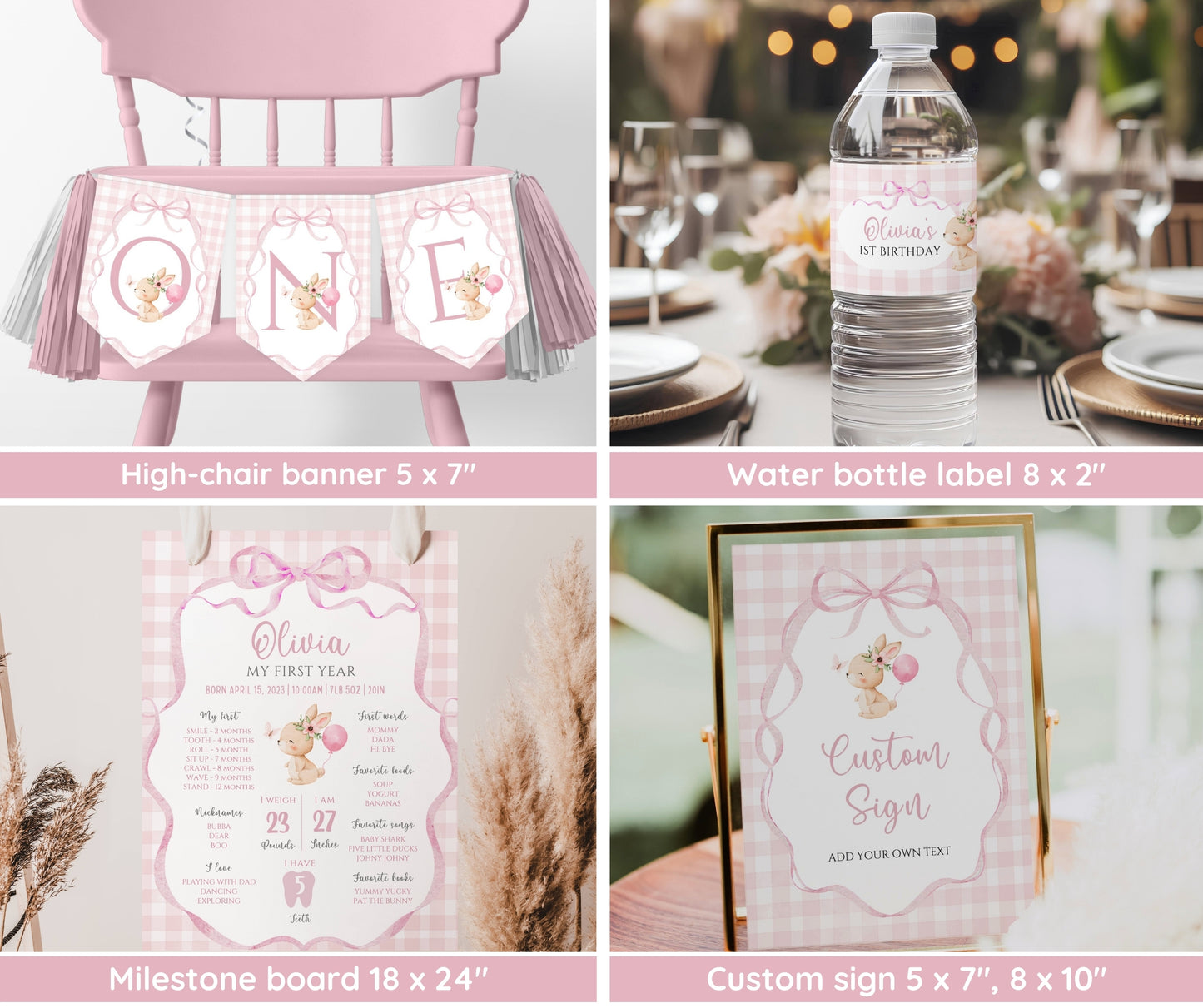 Bunny First Birthday Invitation Bundle, Some Bunny Is One Birthday Set, Pink Bow Rabbit Coquette Gingham Girl 1st Birthday Editable Template