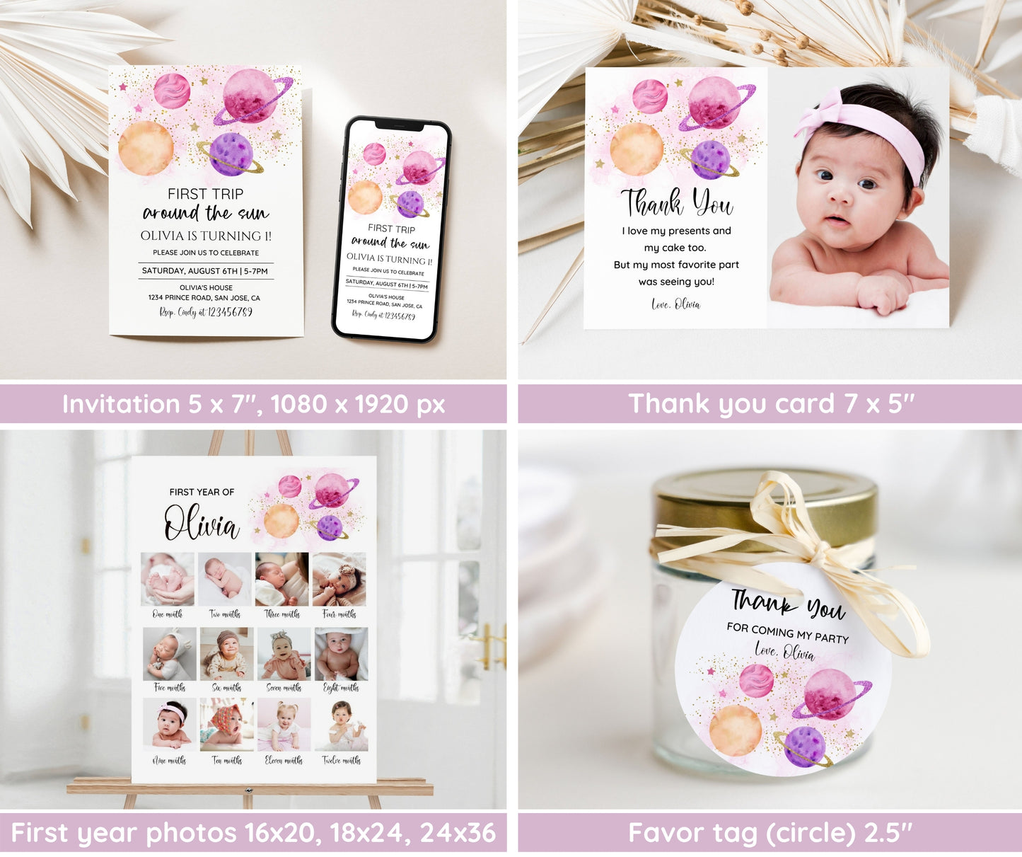First Trip Around The Sun Birthday Invitation Bundle, Editable Space Invitation 1st Birthday, Space Birthday Decoration, First Birthday Girl