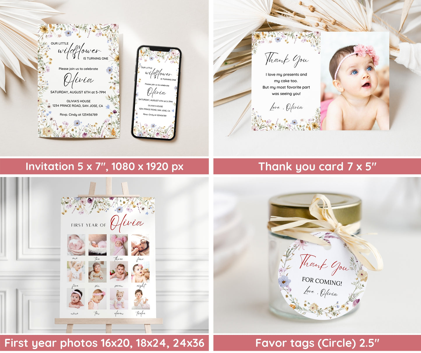 Wildflower Birthday Invitation Bundle, Wildflower First Birthday Invitation, Girl 1st Birthday, First Birthday Decorations, Wildflower Boho