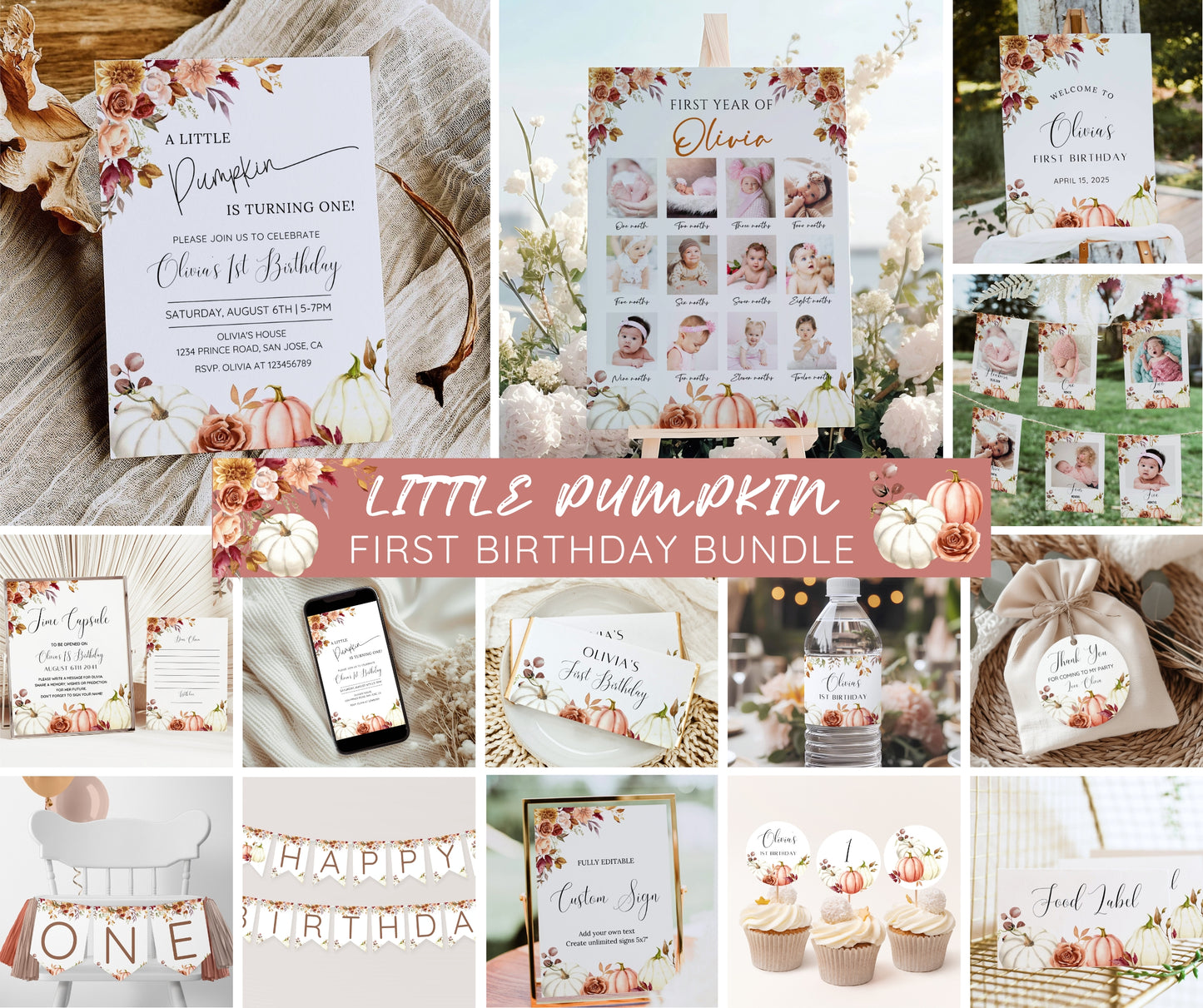 Little Pumpkin Birthday Invitation Bundle, Fall Birthday Invite, 1st Birthday Pumpkin Party, Photo Poster & Welcome Sign, Editable Template