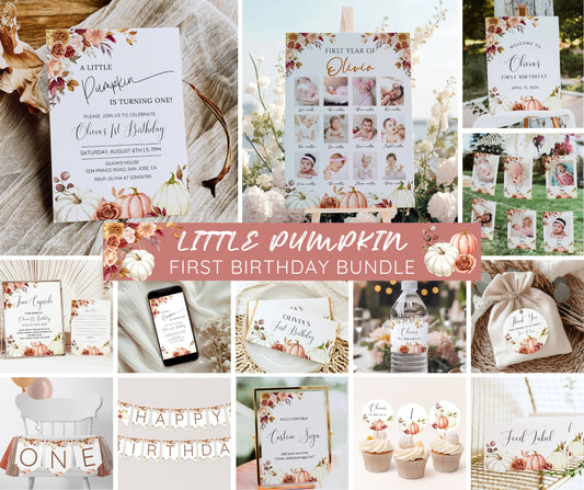 Little Pumpkin Birthday Invitation Bundle, Fall Birthday Invite, 1st Birthday Pumpkin Party, Photo Poster & Welcome Sign, Editable Template