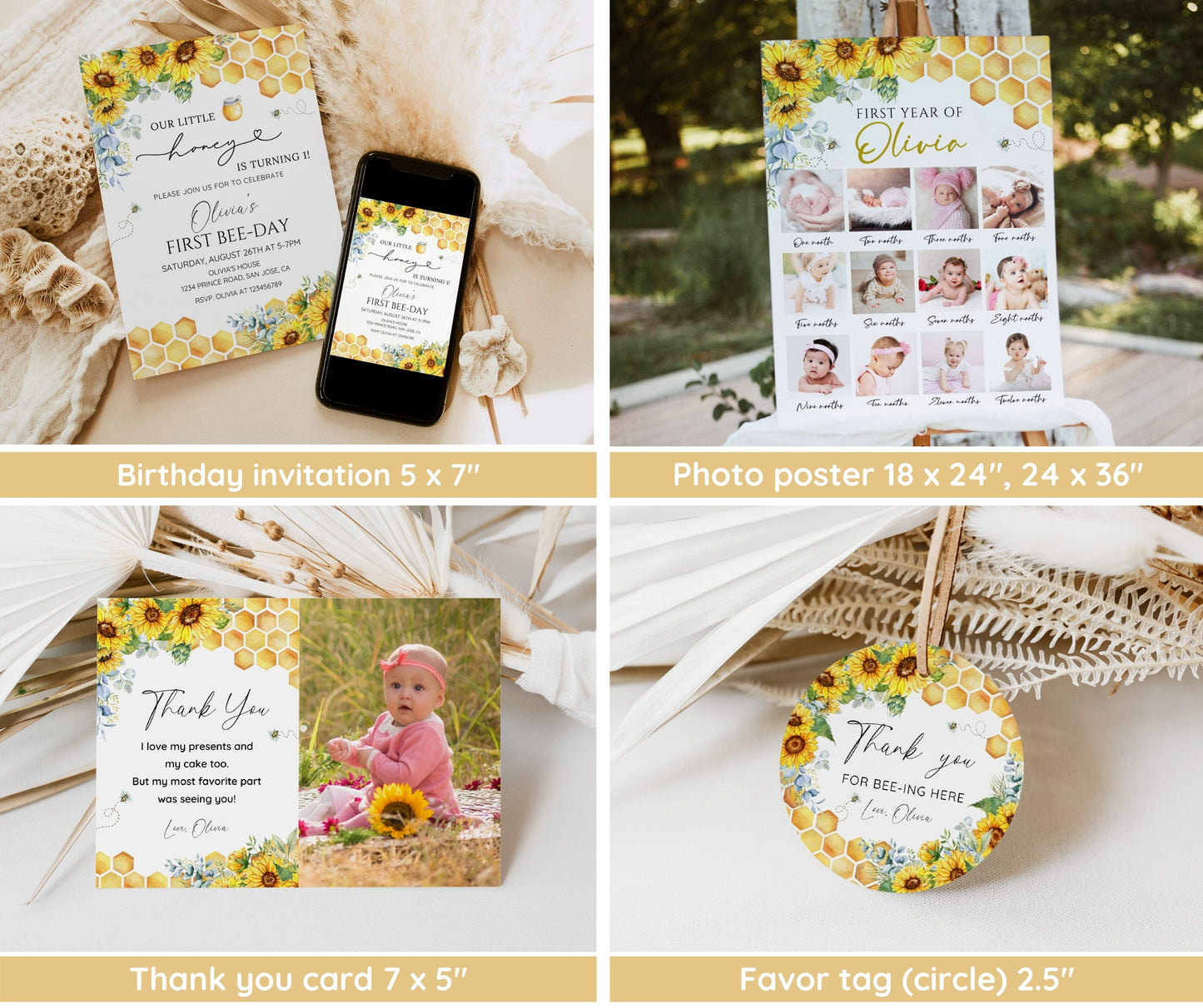 First Bee Day Invitation Bundle, A Little Honey First Birthday Pack, Sunflower Bee Decor, Birthday Girl, Milestone, Welcome Sign, Editable
