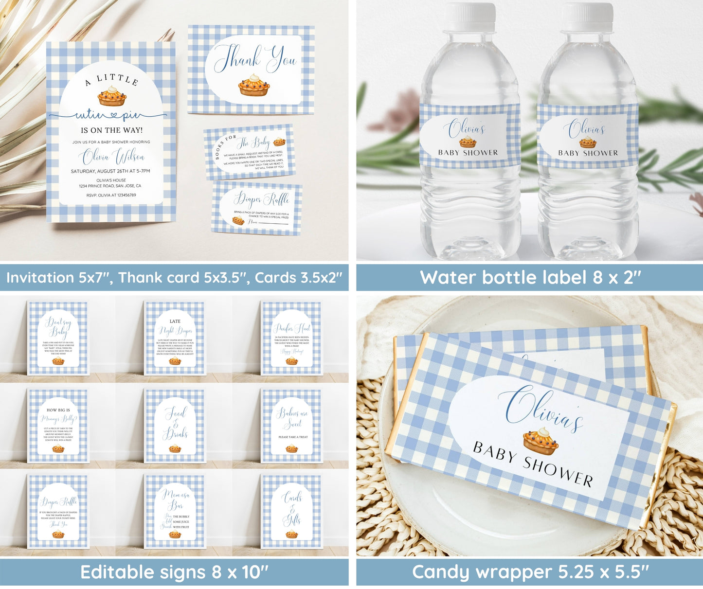 Cutie Pie Baby Shower Bundle Boy, Fall Baby Shower Invitation Blue Gingham, Autumn Baby Sprinkle Games, Editable Canva Template