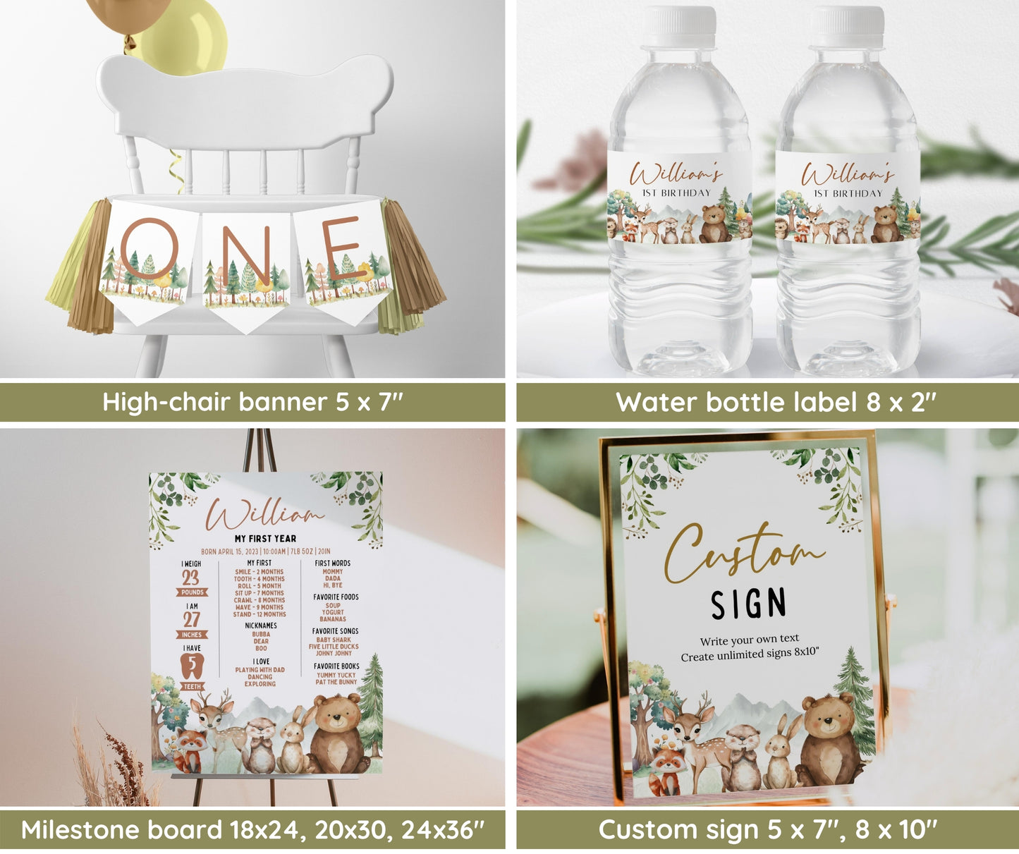 Wild One 1st Birthday Bundle, Boho Woodland First Birthday Invitation Set, Woodland Animal Birthday Invitation, 1st Birthday Bundle Editable
