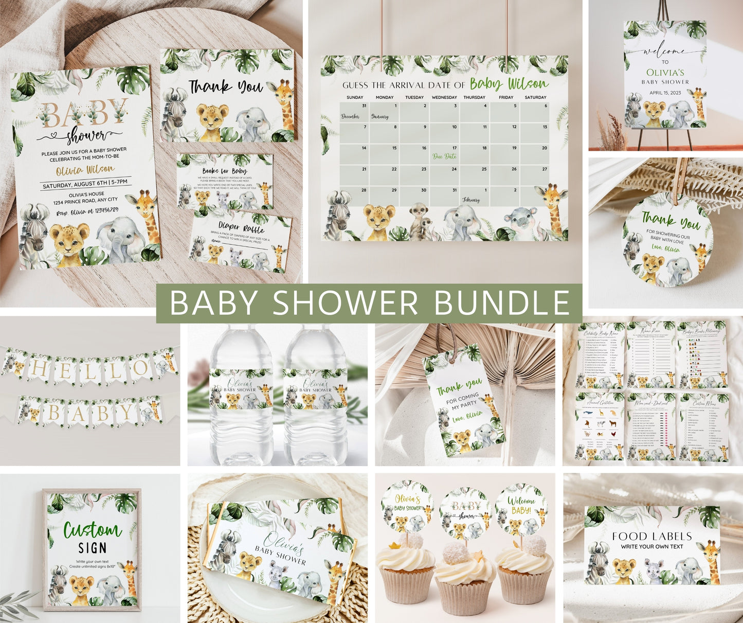 Safari Animals Baby Shower Bundle, Editable Safari Baby Shower Invitation Set, Jungle Animals Baby Shower, Gender Neutral, Instant Download