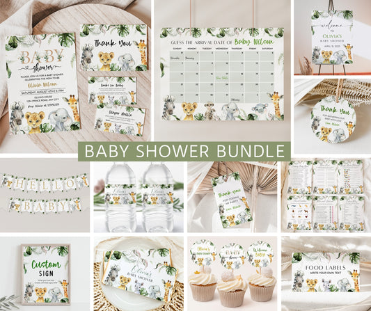 Safari Animals Baby Shower Bundle, Editable Safari Baby Shower Invitation Set, Jungle Animals Baby Shower, Gender Neutral, Instant Download