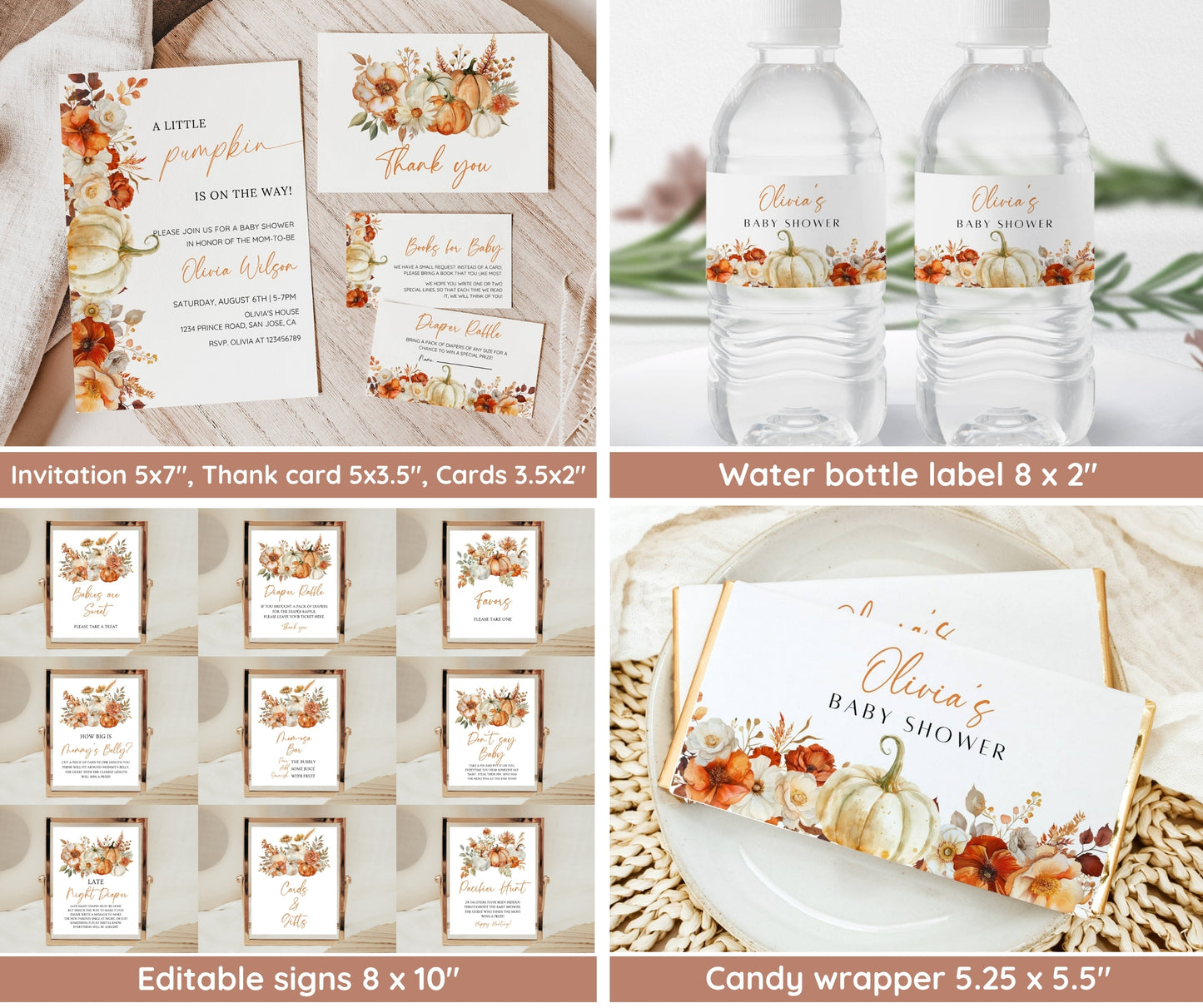 Little Pumpkin Baby Shower Bundle, Fall Baby Shower Invitation & Game Bundle, Floral Pumpkin, Autumn Baby Sprinkle, Editable Canva Template