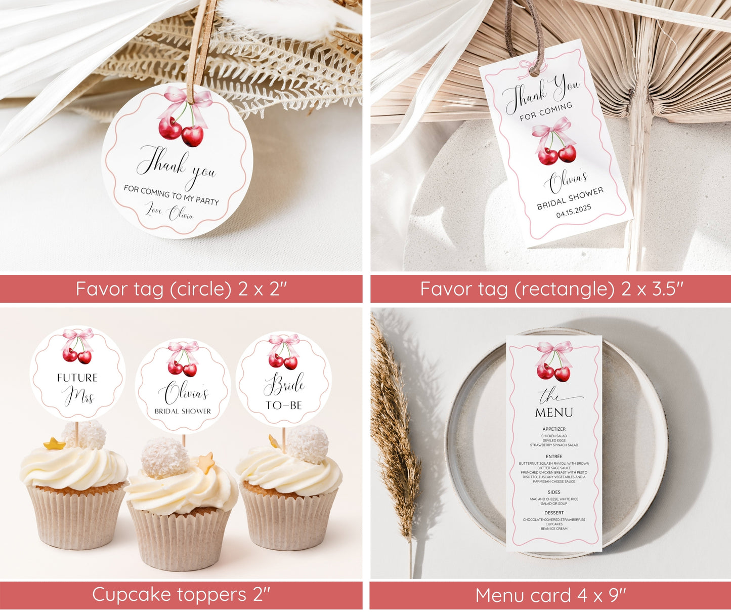 Cherry on Top Bridal Shower Bundle, Coquette Cherry Bow Wedding Shower Invitation Set, She's the Cherry on Top, Editable Template, Printable