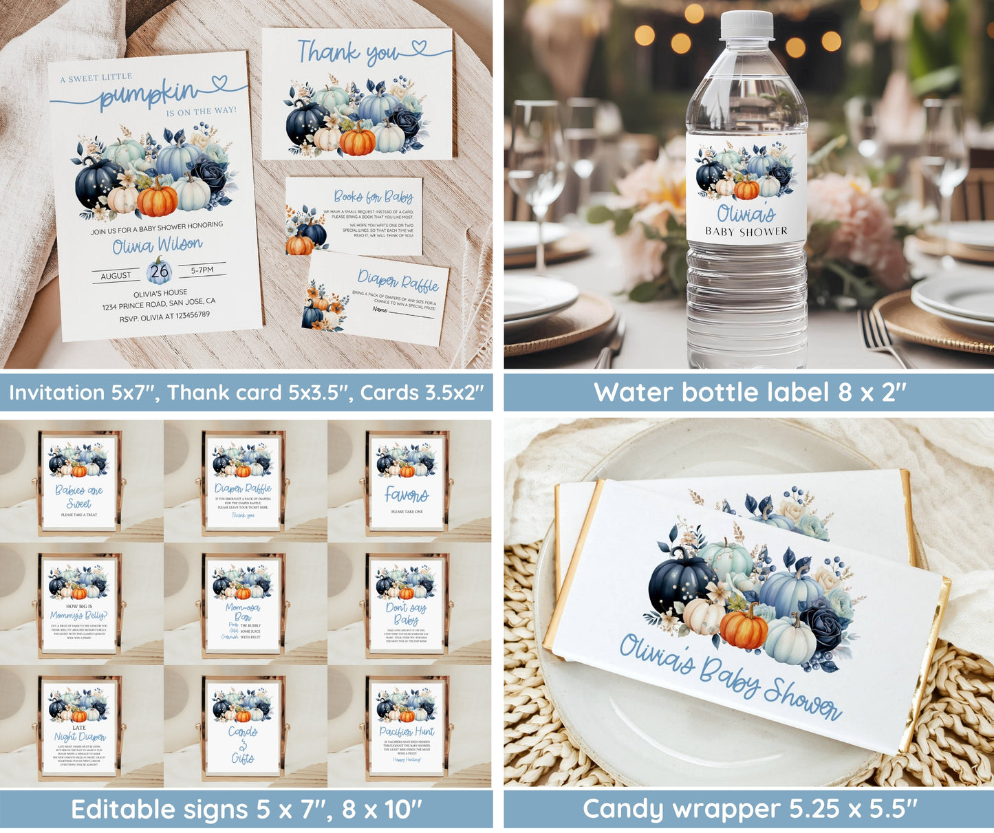 Little Pumpkin Baby Shower Boy Bundle, Fall Baby Shower Invitation & Games, A Little Pumpkin Is On The Way, Editable Canva Template