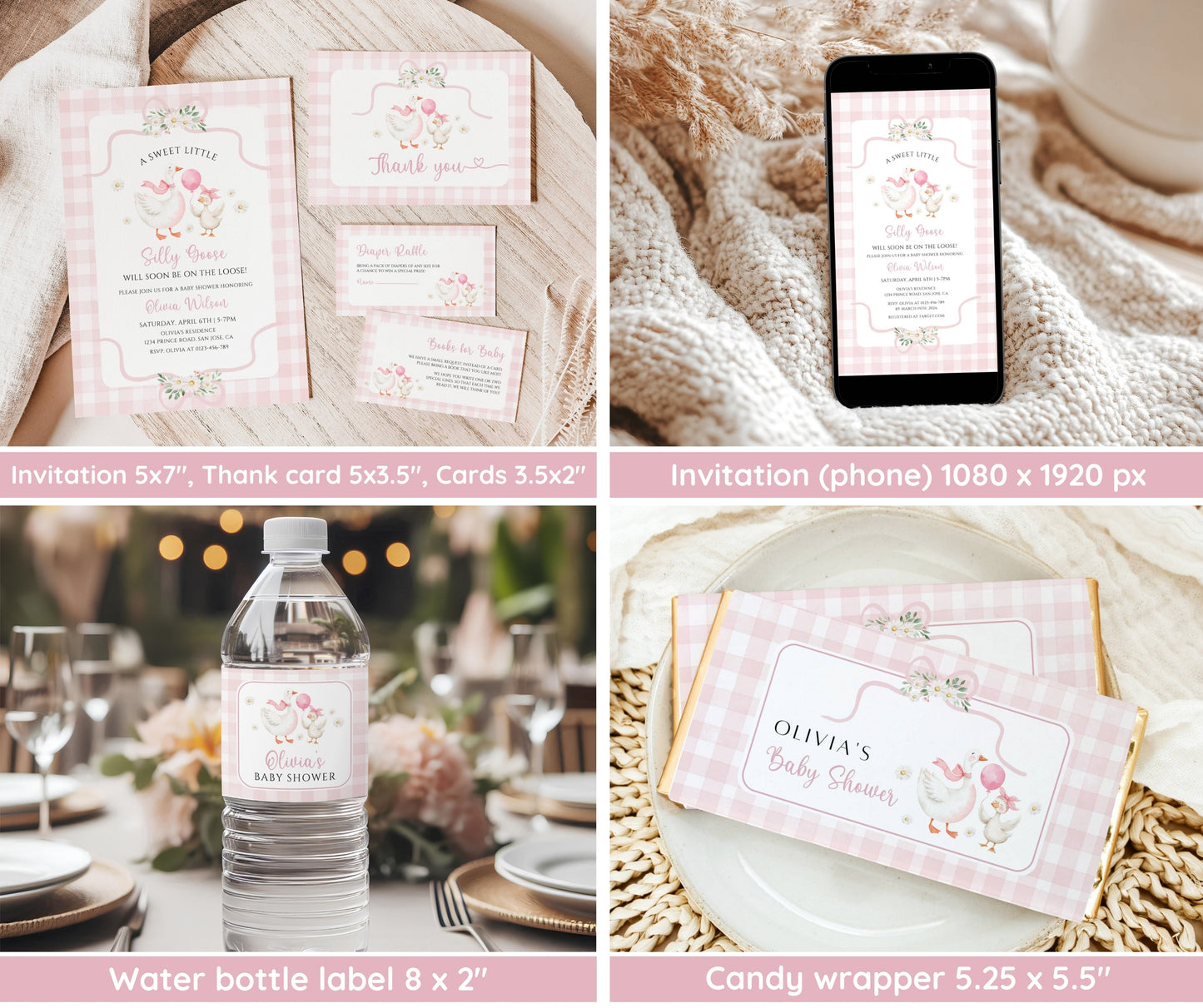 Silly Goose Baby Shower Bundle, Coquette Bow Goose Invitation & Games, Pink Gingham Decor, Preppy Girl Baby Shower, Editable Canva Template