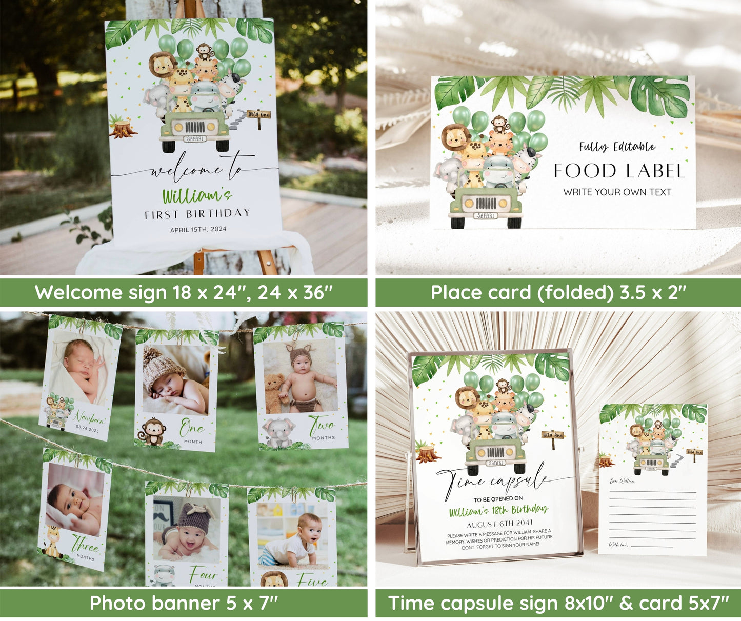 Safari 1st Birthday Bundle, Safari Wild One Birthday Bundle, Safari Animal Invitation Bundle, Editable, Boy, Balloon Decor Welcome Milestone