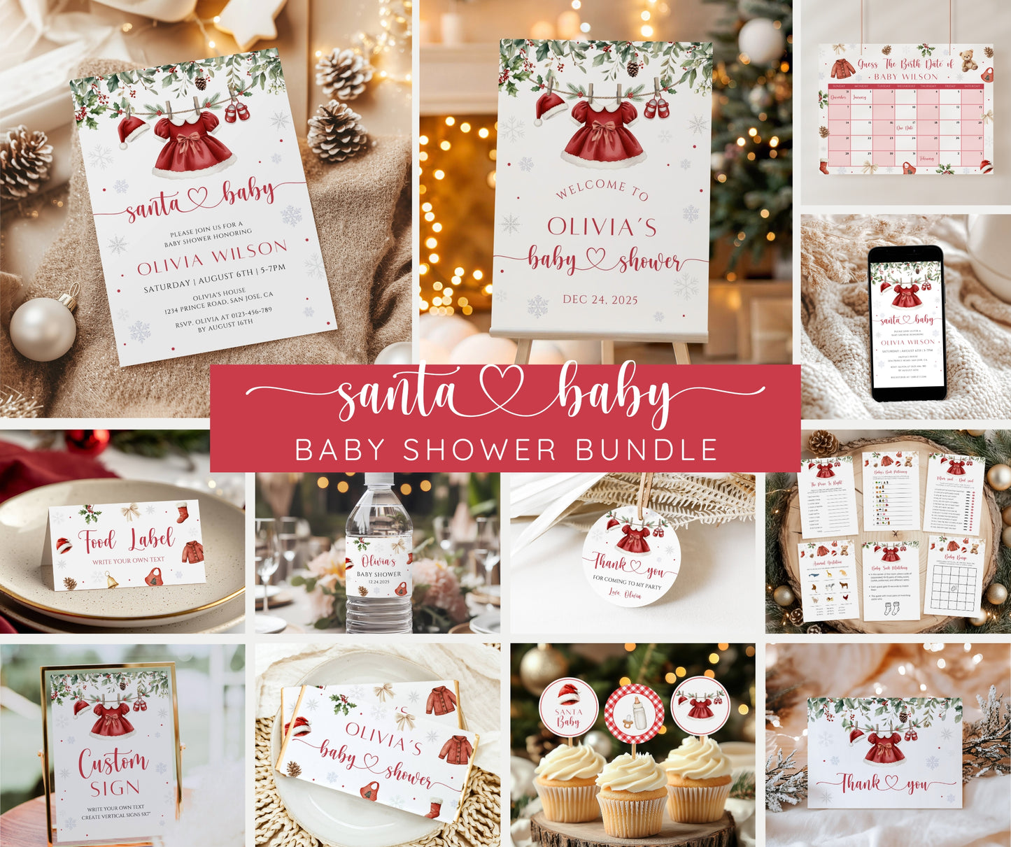 Santa Baby Shower Bundle, Christmas Girl Baby Shower Invitation & Games, Holiday Baby Clothesline, Winter, Merry Little, Editable Template