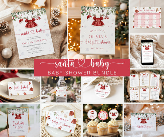 Santa Baby Shower Bundle, Christmas Girl Baby Shower Invitation & Games, Holiday Baby Clothesline, Winter, Merry Little, Editable Template