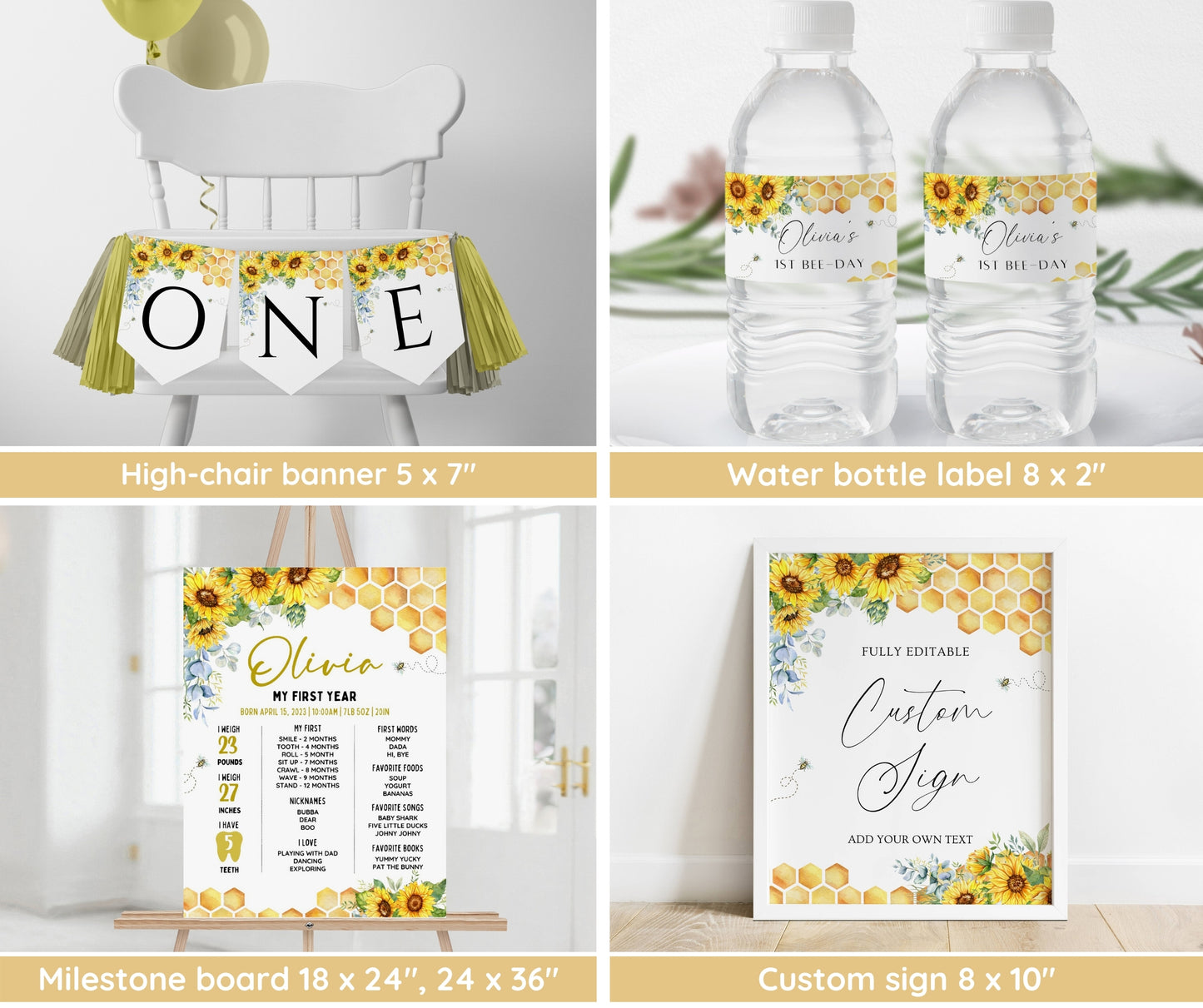 First Bee Day Invitation Bundle, A Little Honey First Birthday Pack, Sunflower Bee Decor, Birthday Girl, Milestone, Welcome Sign, Editable