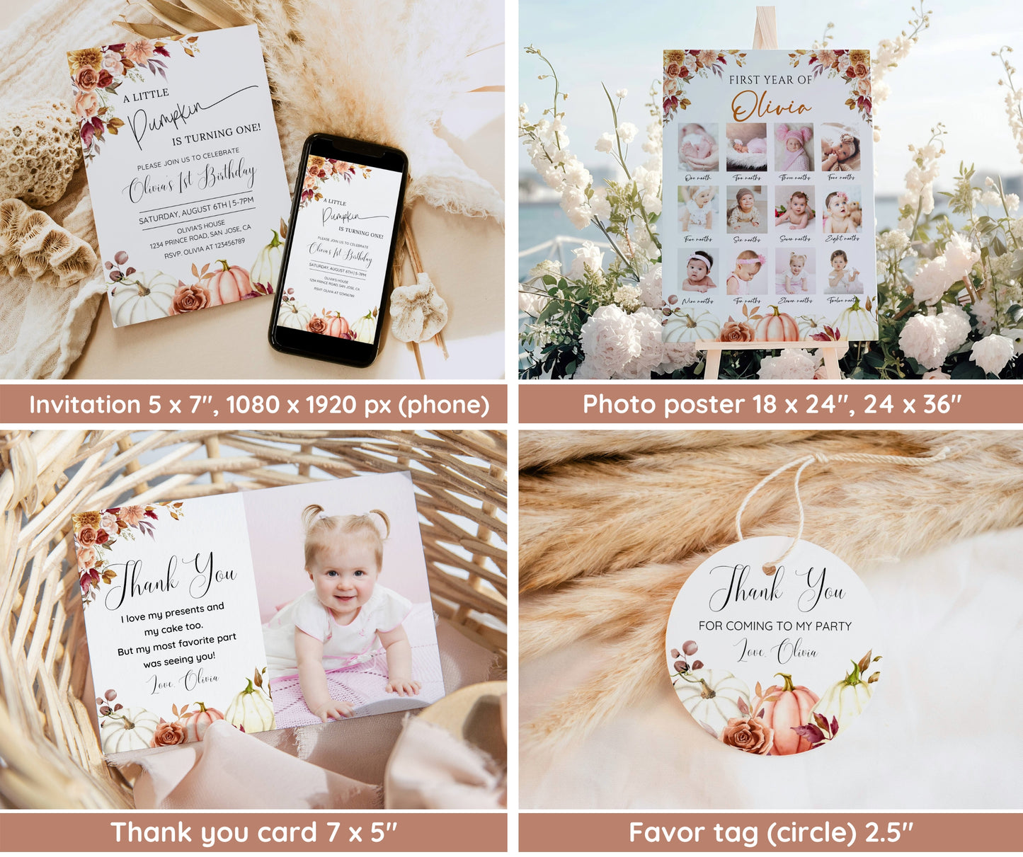 Little Pumpkin Birthday Invitation Bundle, Fall Birthday Invite, 1st Birthday Pumpkin Party, Photo Poster & Welcome Sign, Editable Template