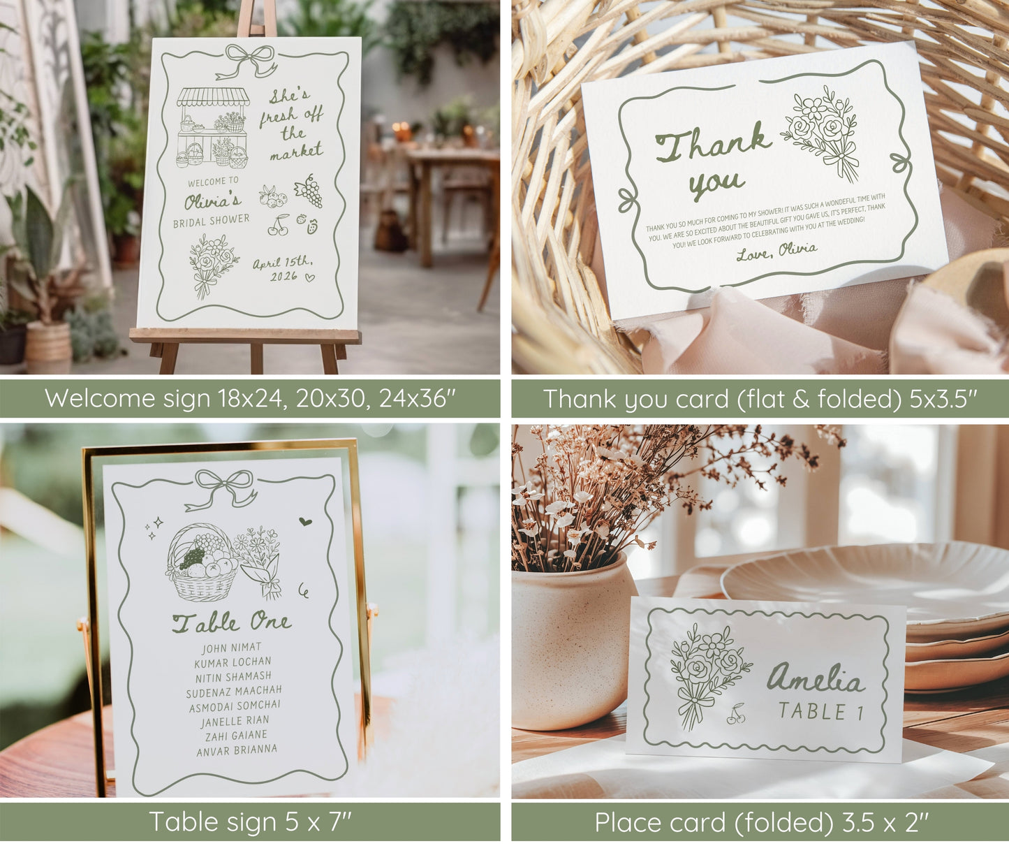 Fresh Off the Market Bridal Shower Bundle, Farmer's Market Bridal Shower Invitation & Games Bundle, Hand Drawn Floral Fruits Editable Template