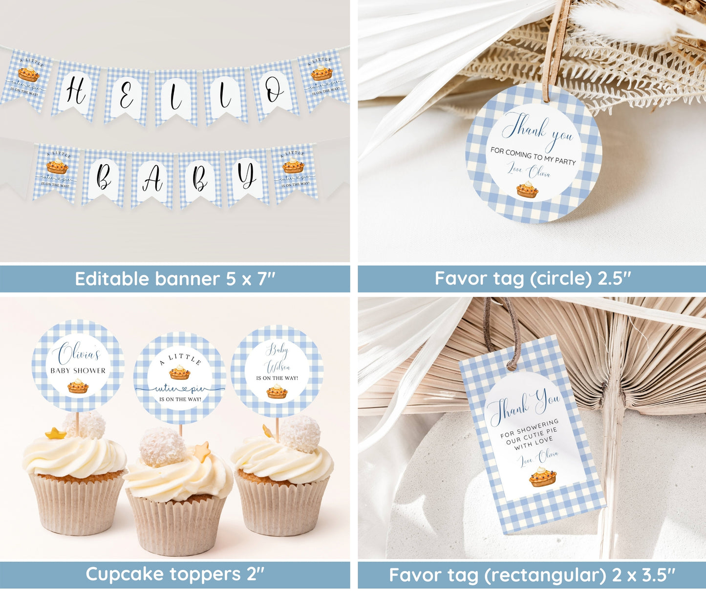 Cutie Pie Baby Shower Bundle Boy, Fall Baby Shower Invitation Blue Gingham, Autumn Baby Sprinkle Games, Editable Canva Template