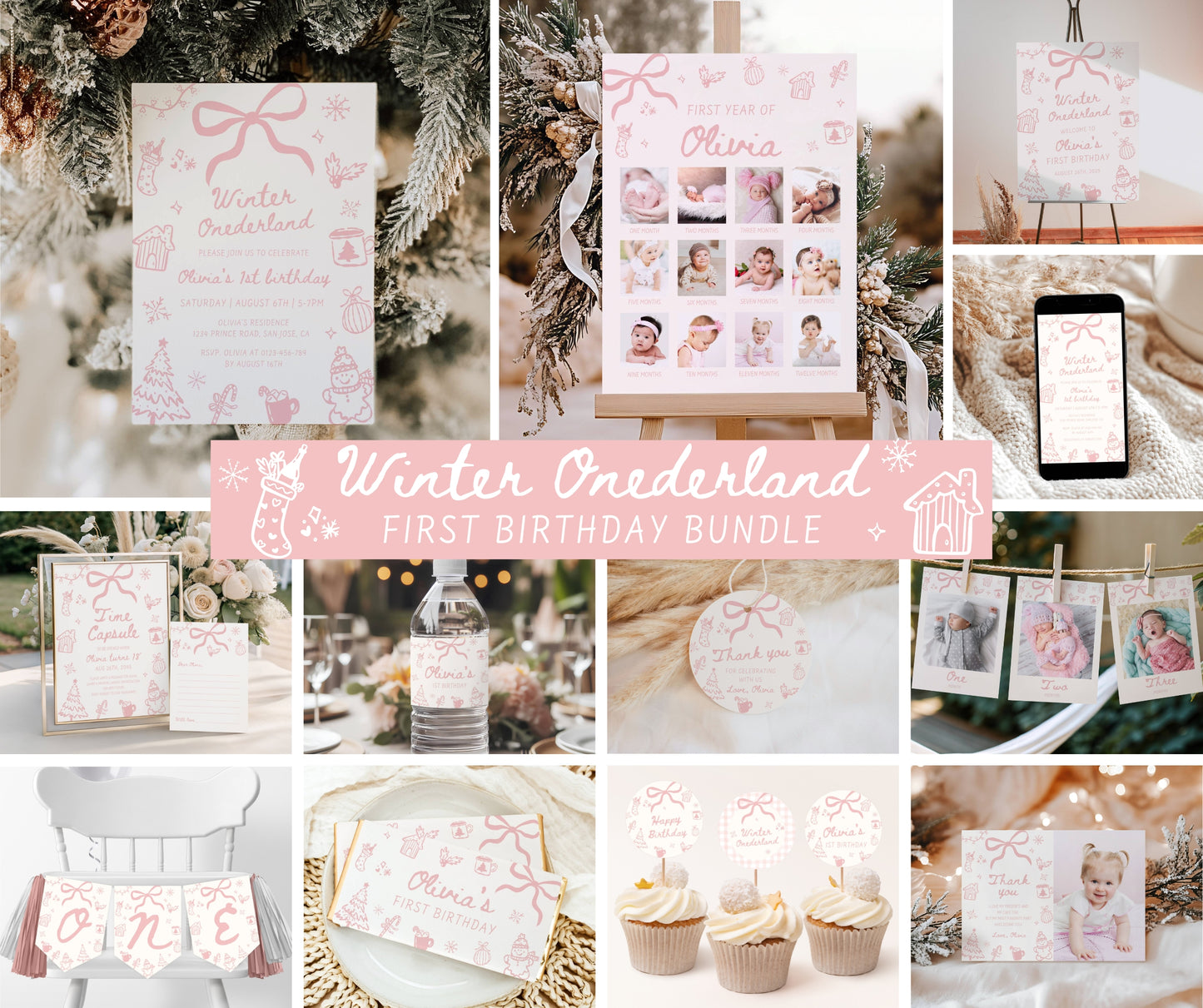 Winter Onederland First Birthday Bundle, Hand Drawn Pink Winter Girl Birthday Invitation, December Christmas 1st Birthday, Editable Template
