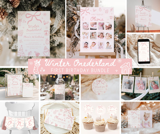Winter Onederland First Birthday Bundle, Hand Drawn Pink Winter Girl Birthday Invitation, December Christmas 1st Birthday, Editable Template