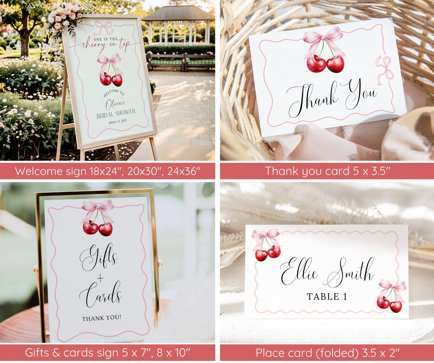 Cherry on Top Bridal Shower Bundle, Coquette Cherry Bow Wedding Shower Invitation Set, She's the Cherry on Top, Editable Template, Printable
