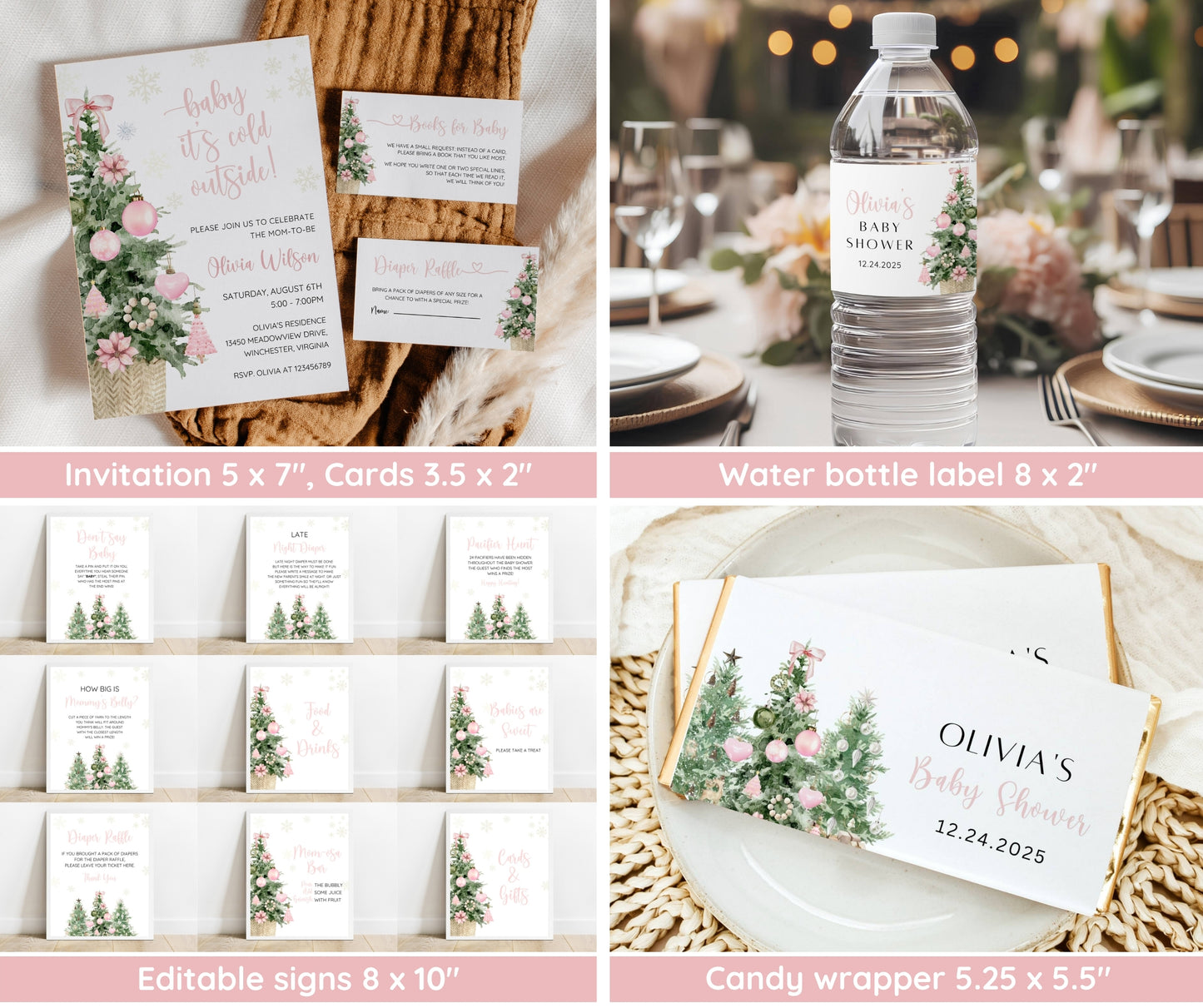 Pink Christmas Baby Shower Bundle, Baby It's Cold Outside Invitation & Game Set, Winter Girl Baby Shower Decor, Editable Canva Template