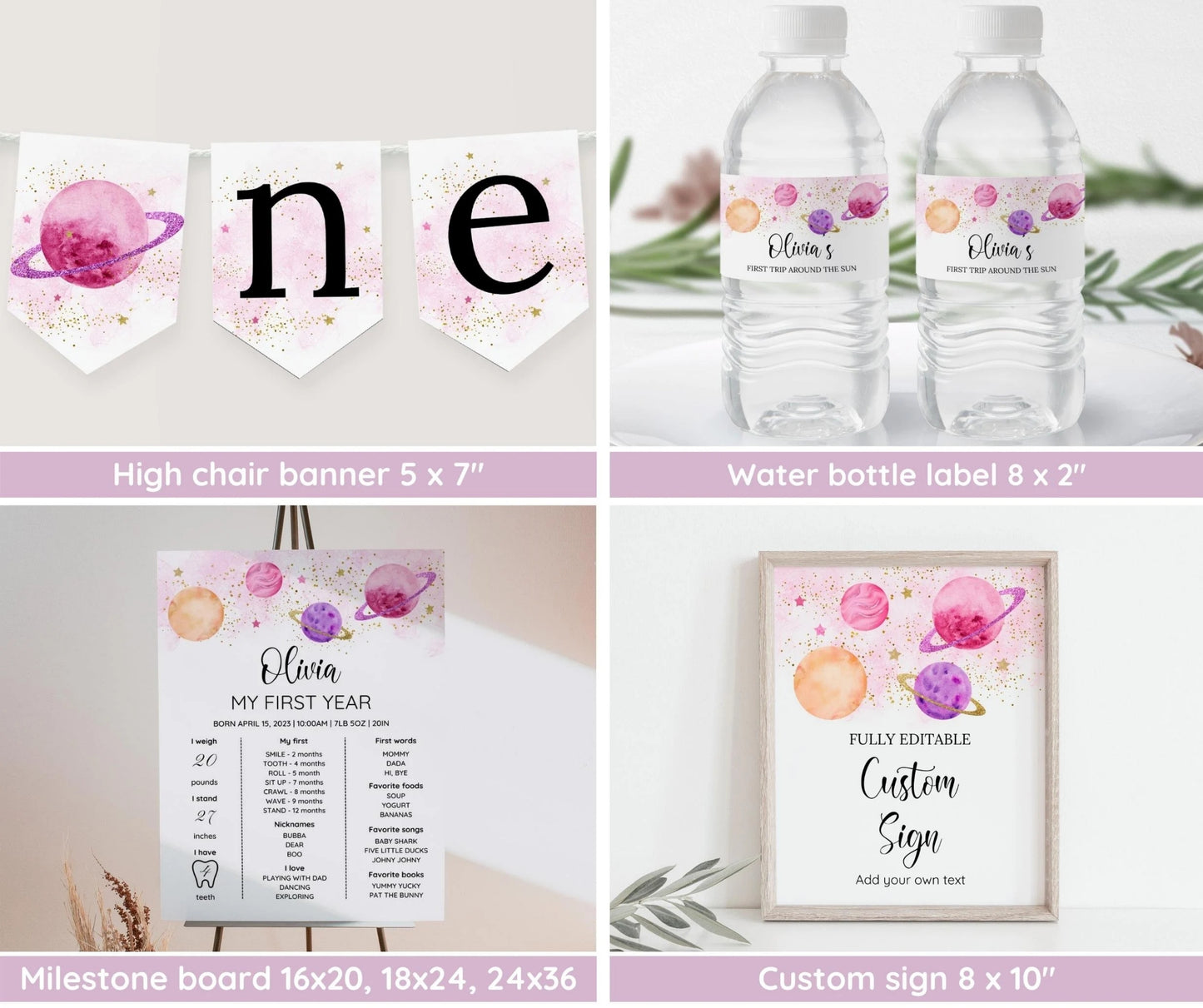 First Trip Around The Sun Birthday Invitation Bundle, Editable Space Invitation 1st Birthday, Space Birthday Decoration, First Birthday Girl