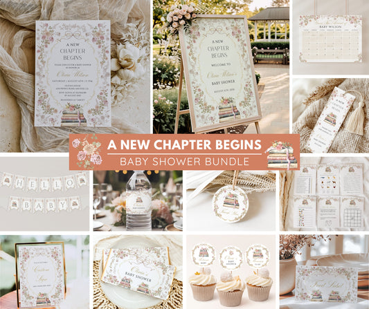 Storybook Baby Shower Bundle, New Chapter Begins Baby Shower Invitation, Signs & Games Bundle, Vintage Floral Decor, Editable Canva Template