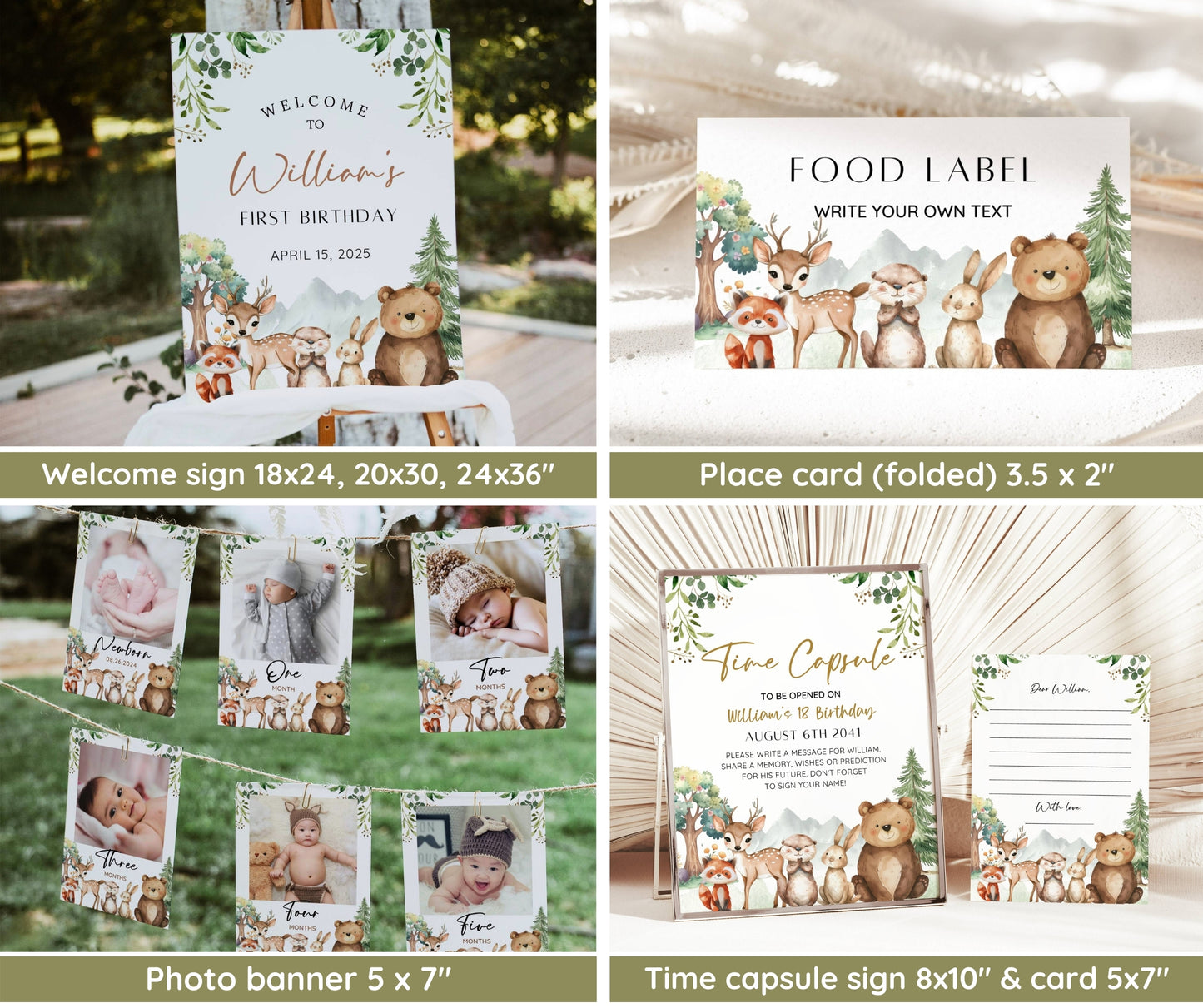 Wild One 1st Birthday Bundle, Boho Woodland First Birthday Invitation Set, Woodland Animal Birthday Invitation, 1st Birthday Bundle Editable