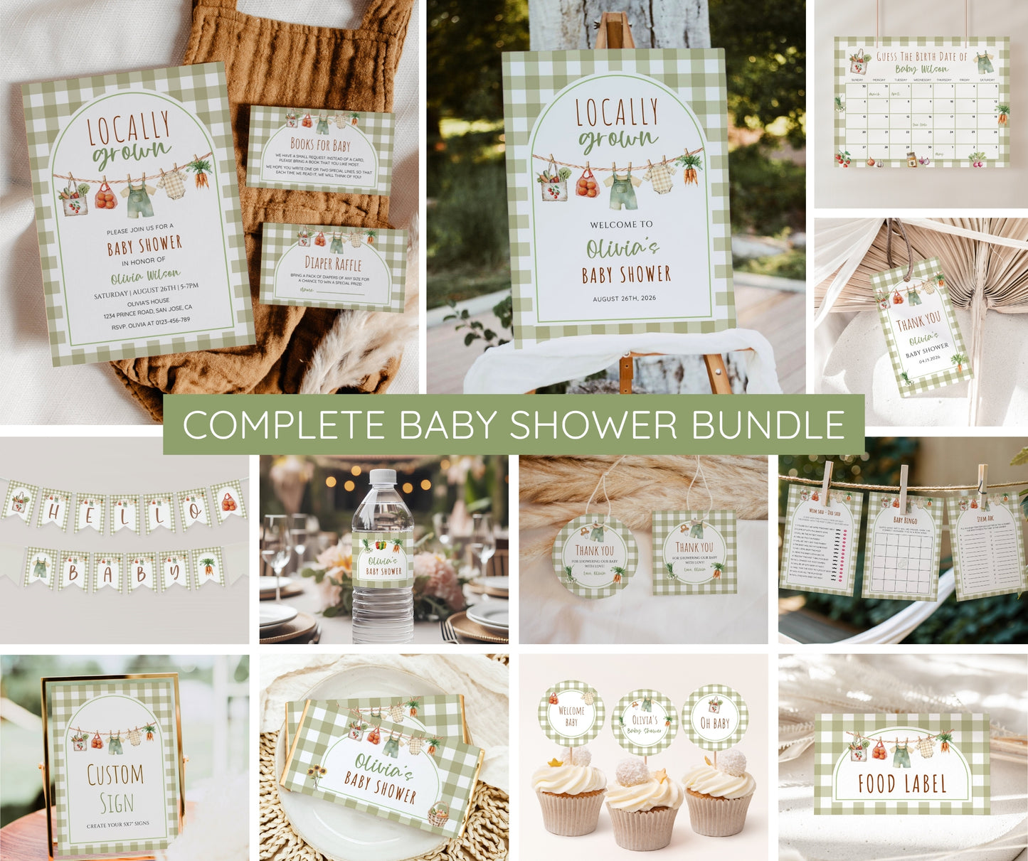 Locally Grown Baby Shower Bundle, Farmers Market Baby Shower Bundle, Locally Grown Baby Shower Invitation & Games, Editable Canva Template