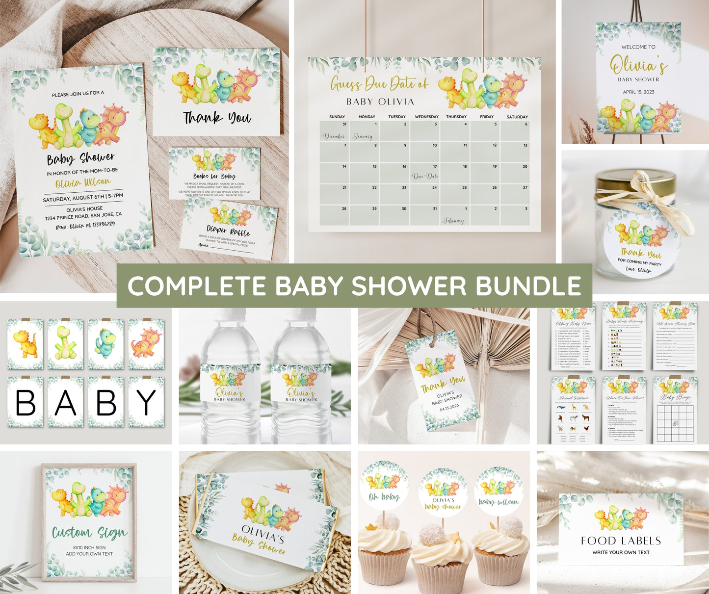 Dinosaur Baby Shower Bundle – Invitation, Games & Editable Templates | Instant Download