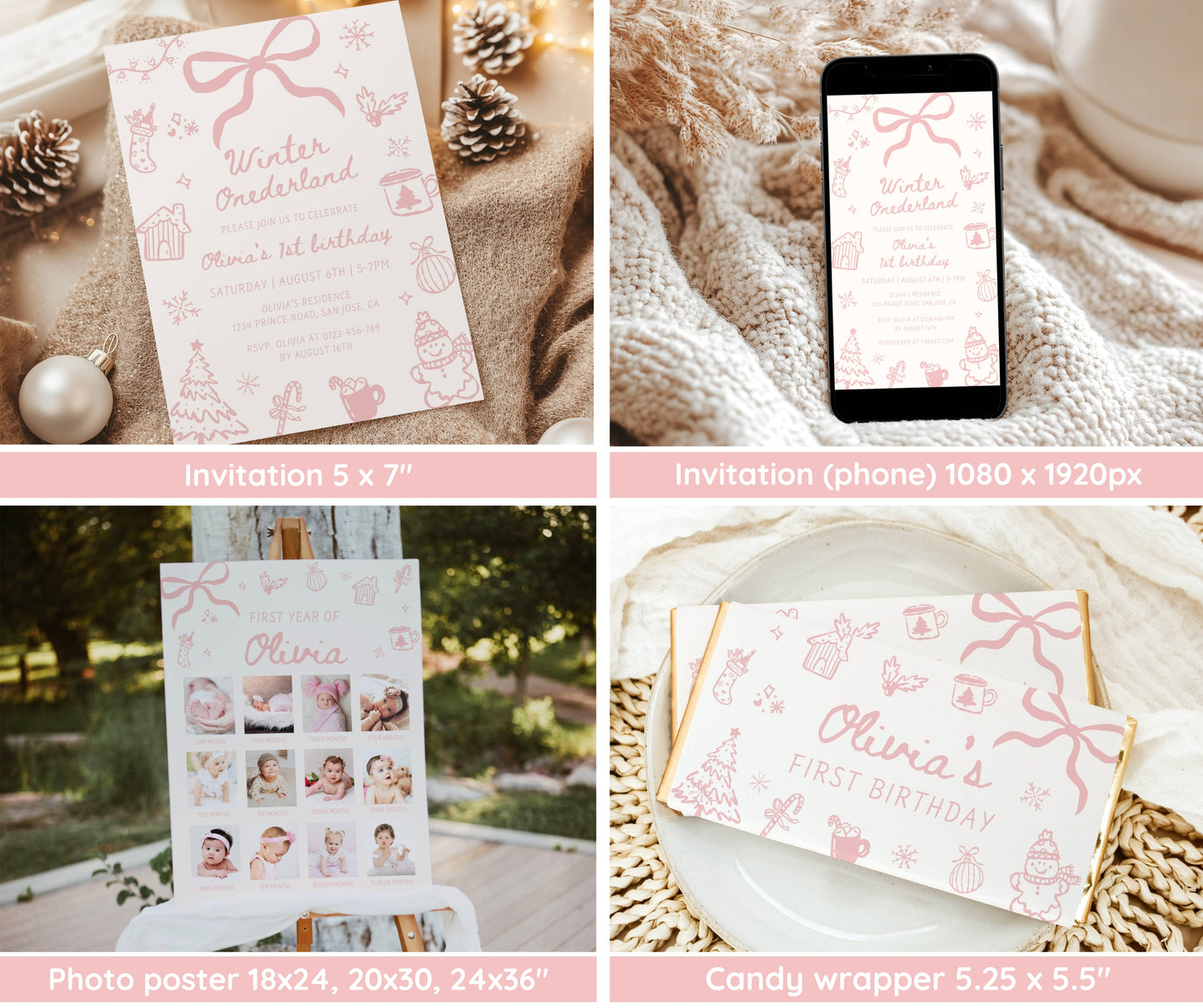 Winter Onederland First Birthday Bundle, Hand Drawn Pink Winter Girl Birthday Invitation, December Christmas 1st Birthday, Editable Template