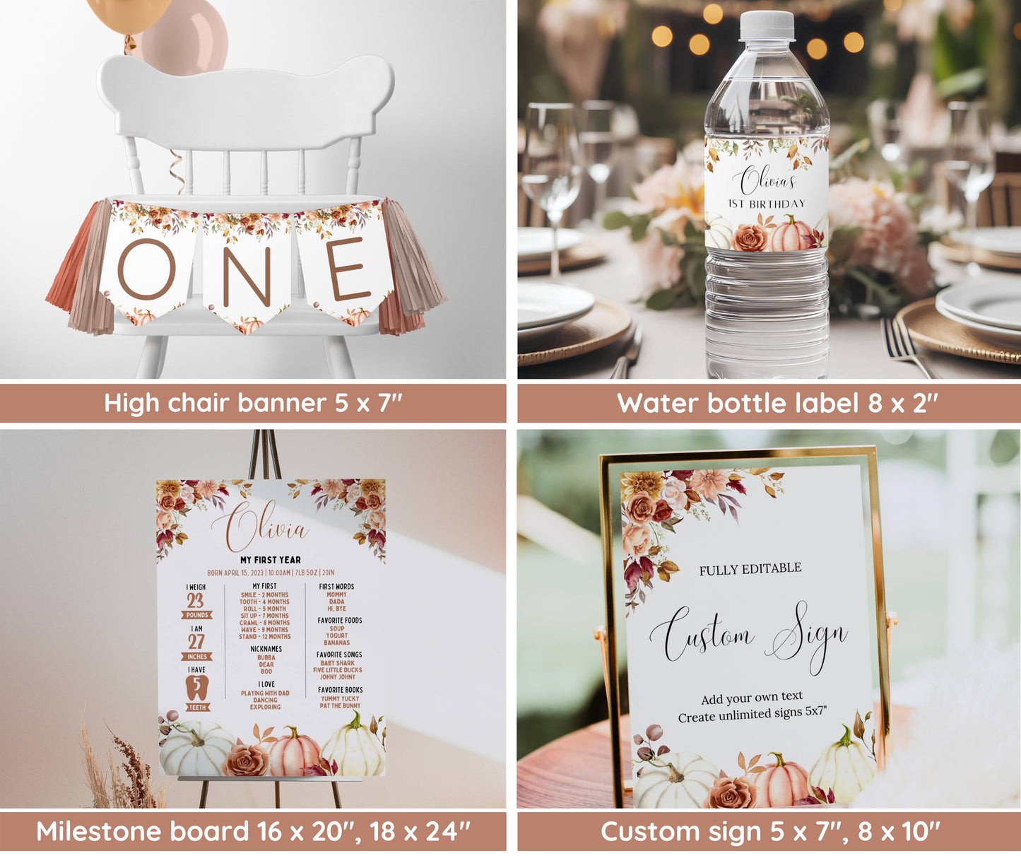 Little Pumpkin Birthday Invitation Bundle, Fall Birthday Invite, 1st Birthday Pumpkin Party, Photo Poster & Welcome Sign, Editable Template