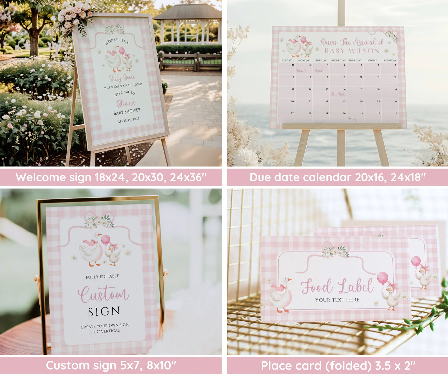 Silly Goose Baby Shower Bundle, Coquette Bow Goose Invitation & Games, Pink Gingham Decor, Preppy Girl Baby Shower, Editable Canva Template