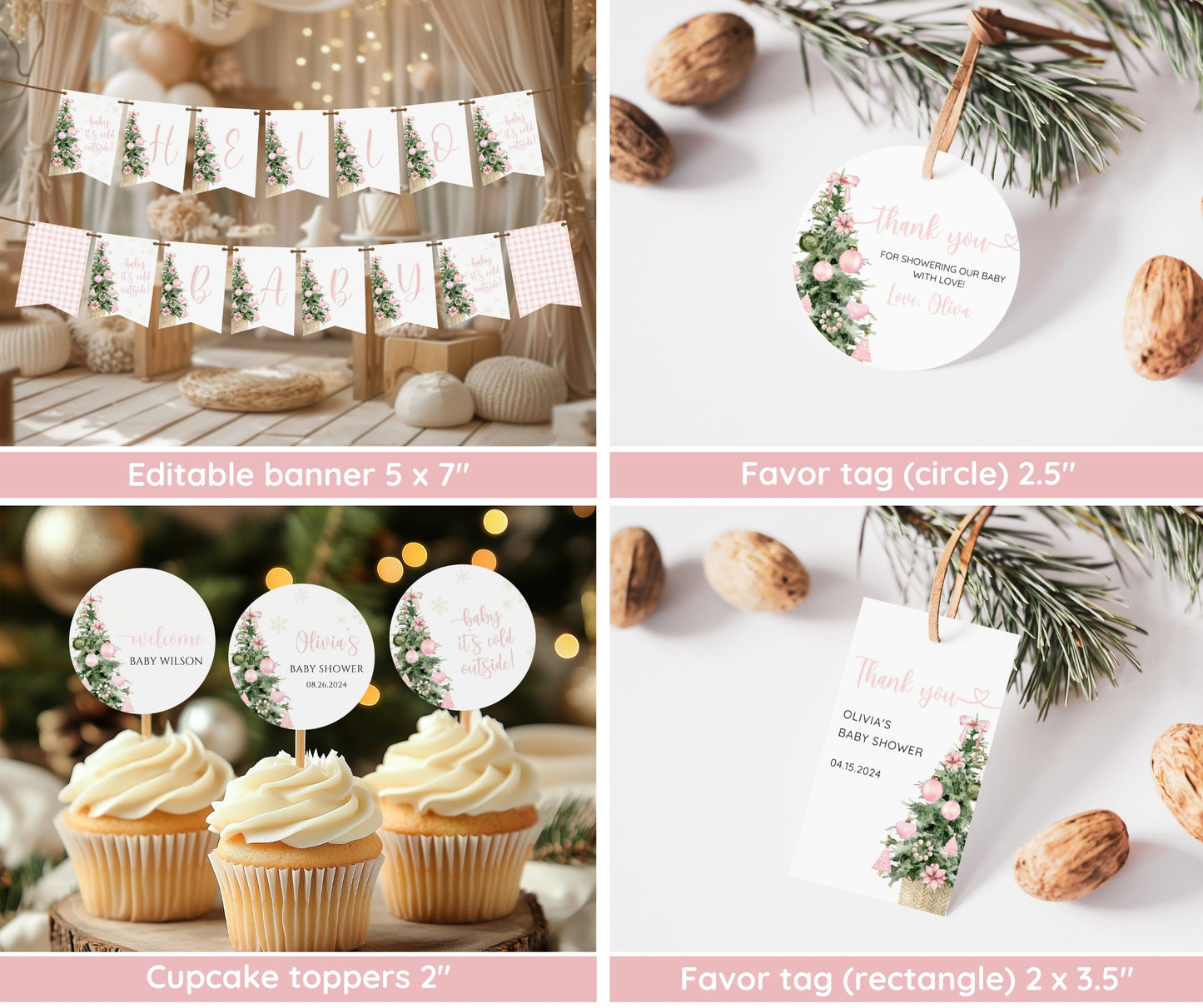 Pink Christmas Baby Shower Bundle, Baby It's Cold Outside Invitation & Game Set, Winter Girl Baby Shower Decor, Editable Canva Template