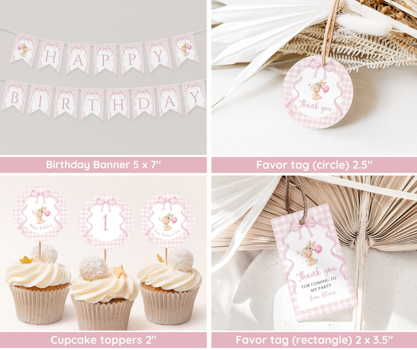 Bunny First Birthday Invitation Bundle, Some Bunny Is One Birthday Set, Pink Bow Rabbit Coquette Gingham Girl 1st Birthday Editable Template