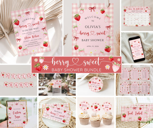 Berry Sweet Baby Shower Bundle, Strawberry Baby Shower Invitation, Games, Welcome Sign & Decor, Pink Gingham, Editable Canva Template