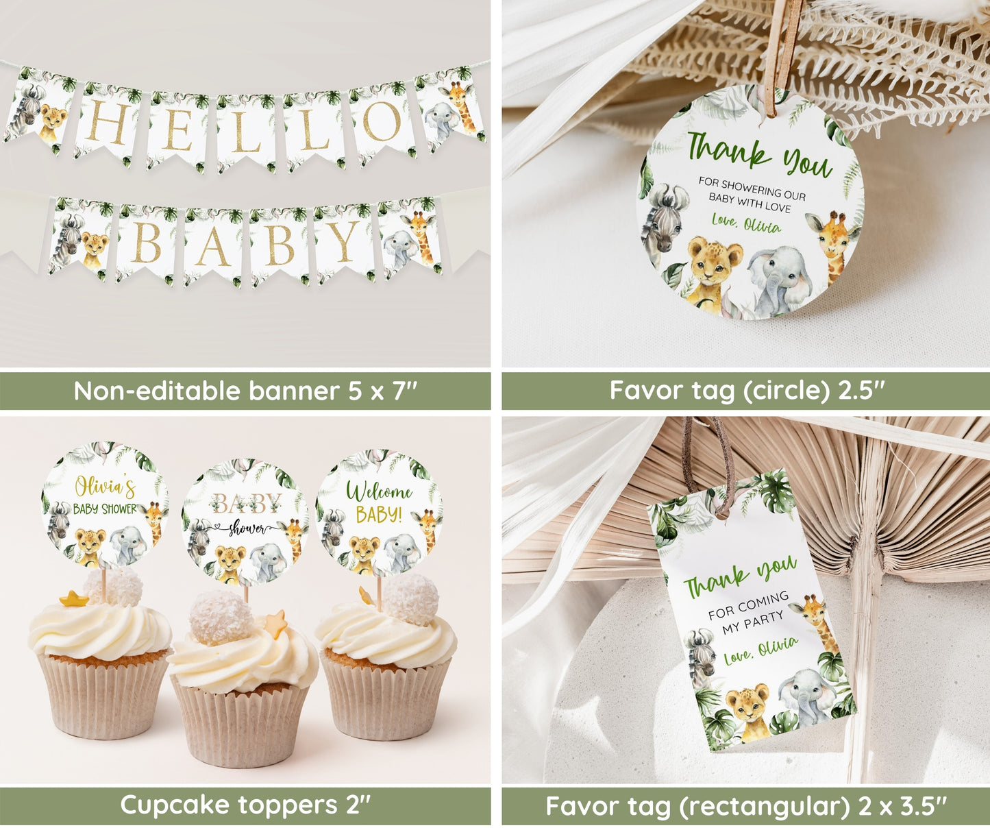 Safari Animals Baby Shower Bundle, Editable Safari Baby Shower Invitation Set, Jungle Animals Baby Shower, Gender Neutral, Instant Download