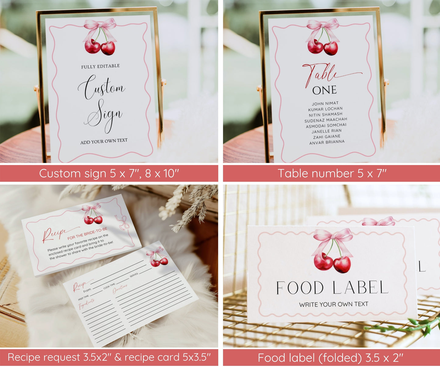 Cherry on Top Bridal Shower Bundle, Coquette Cherry Bow Wedding Shower Invitation Set, She's the Cherry on Top, Editable Template, Printable