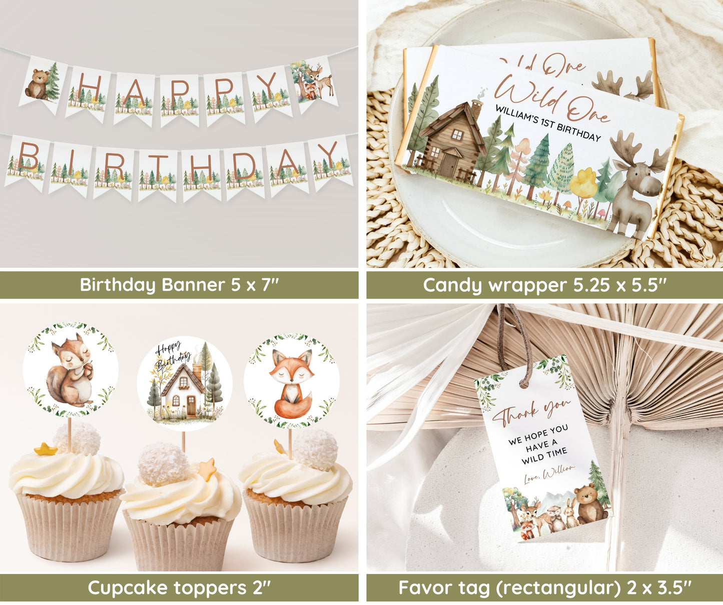 Wild One 1st Birthday Bundle, Boho Woodland First Birthday Invitation Set, Woodland Animal Birthday Invitation, 1st Birthday Bundle Editable