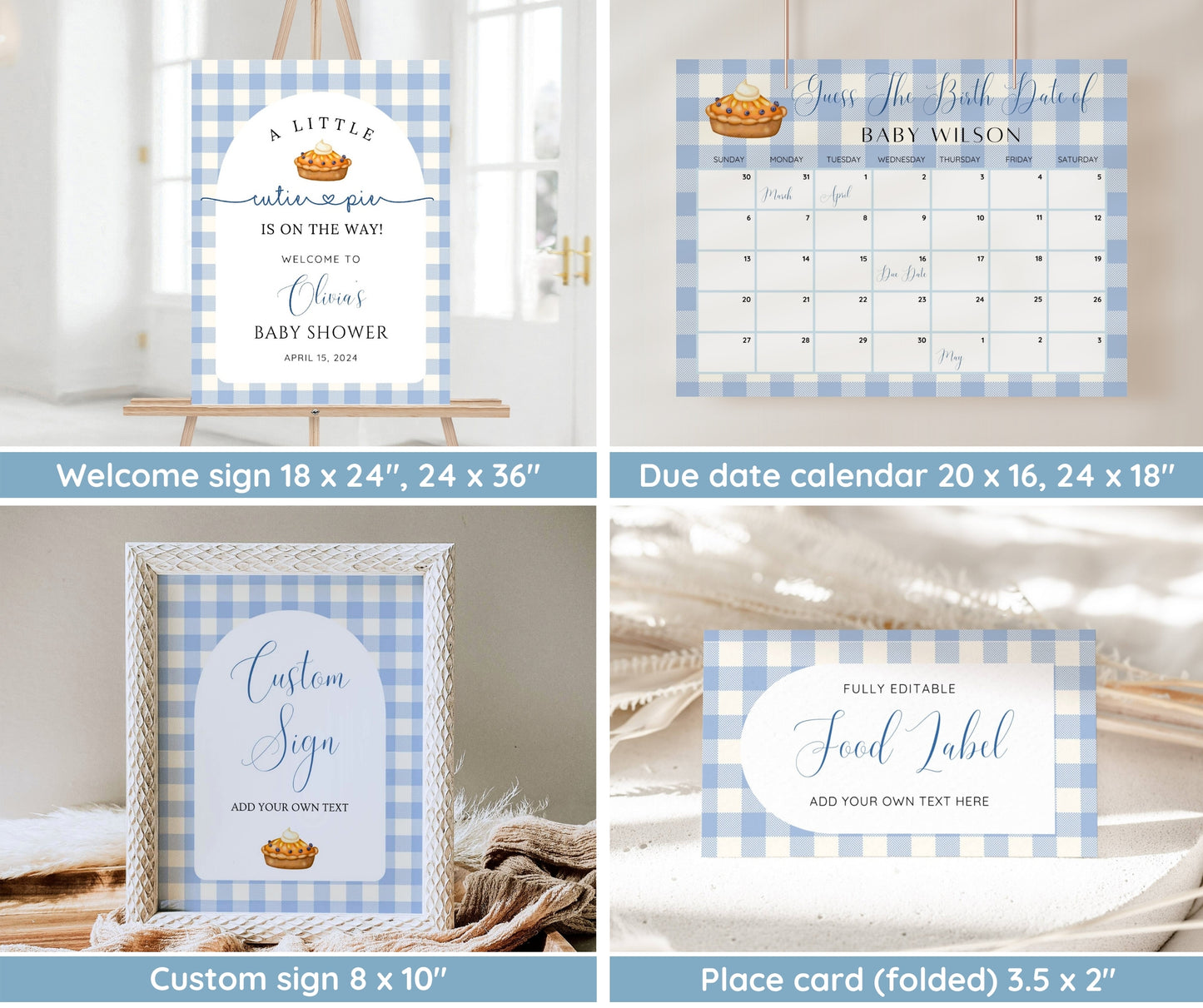 Cutie Pie Baby Shower Bundle Boy, Fall Baby Shower Invitation Blue Gingham, Autumn Baby Sprinkle Games, Editable Canva Template