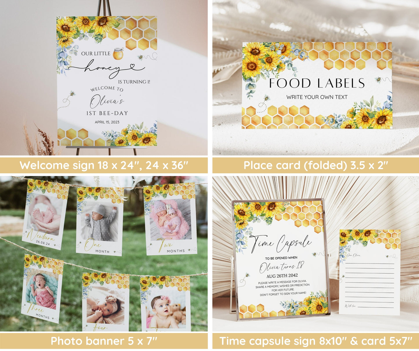First Bee Day Invitation Bundle, A Little Honey First Birthday Pack, Sunflower Bee Decor, Birthday Girl, Milestone, Welcome Sign, Editable