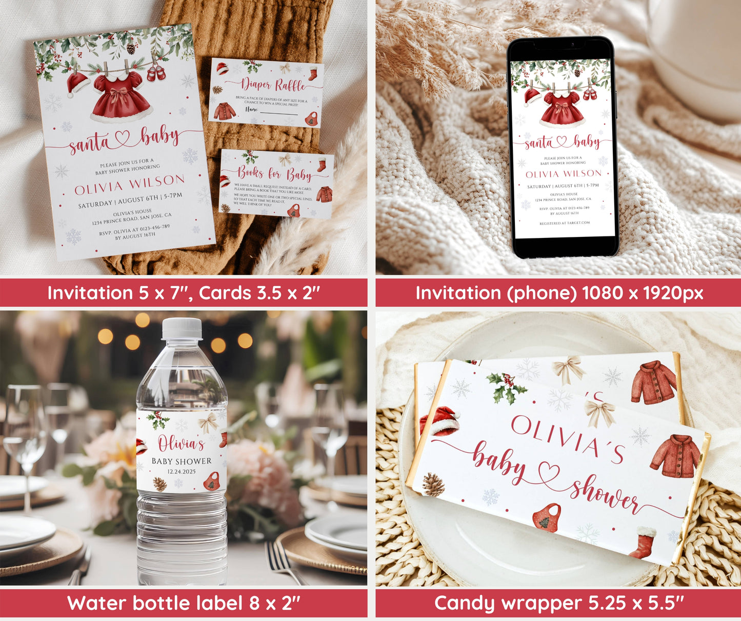 Santa Baby Shower Bundle, Christmas Girl Baby Shower Invitation & Games, Holiday Baby Clothesline, Winter, Merry Little, Editable Template