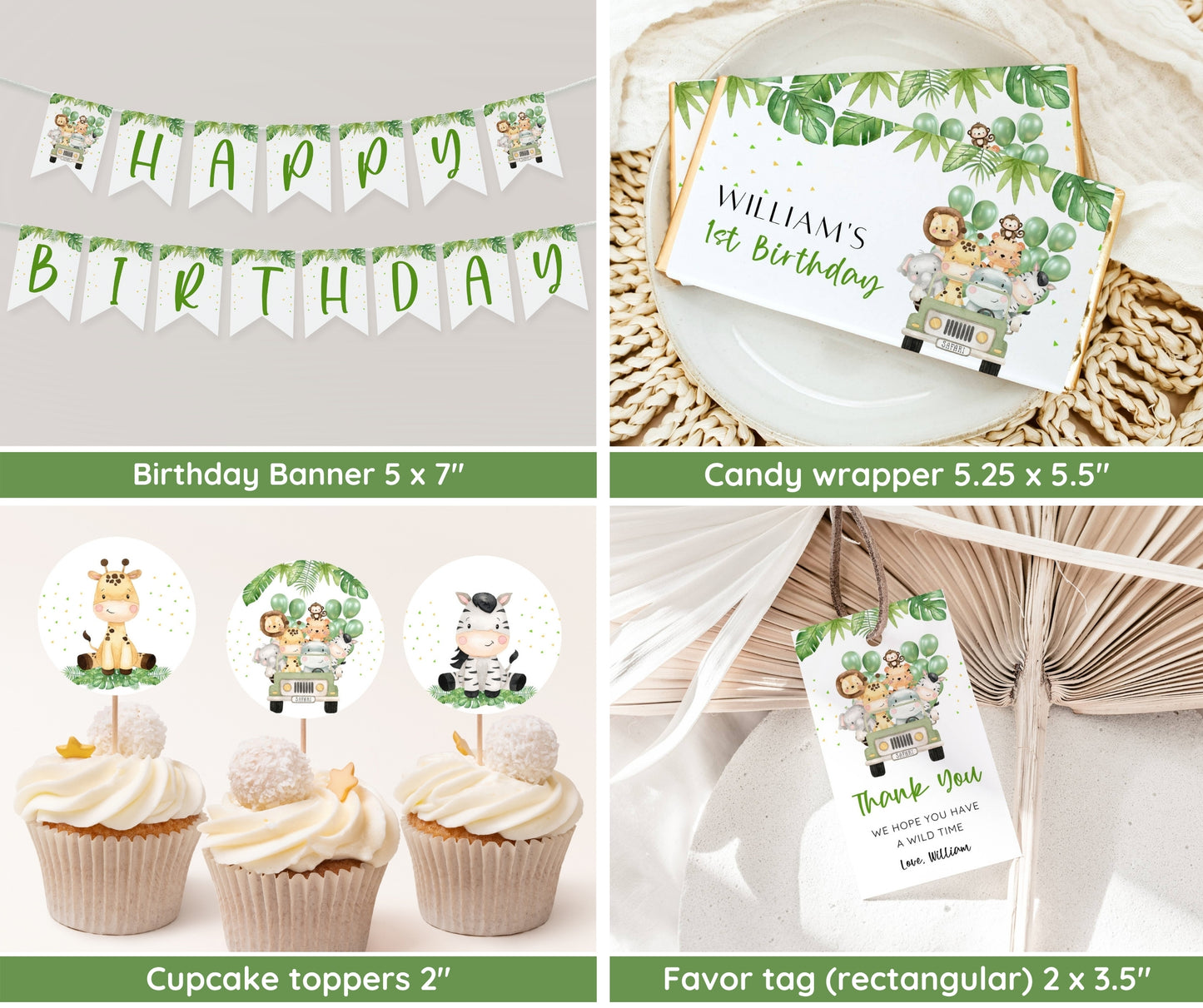 Safari 1st Birthday Bundle, Safari Wild One Birthday Bundle, Safari Animal Invitation Bundle, Editable, Boy, Balloon Decor Welcome Milestone