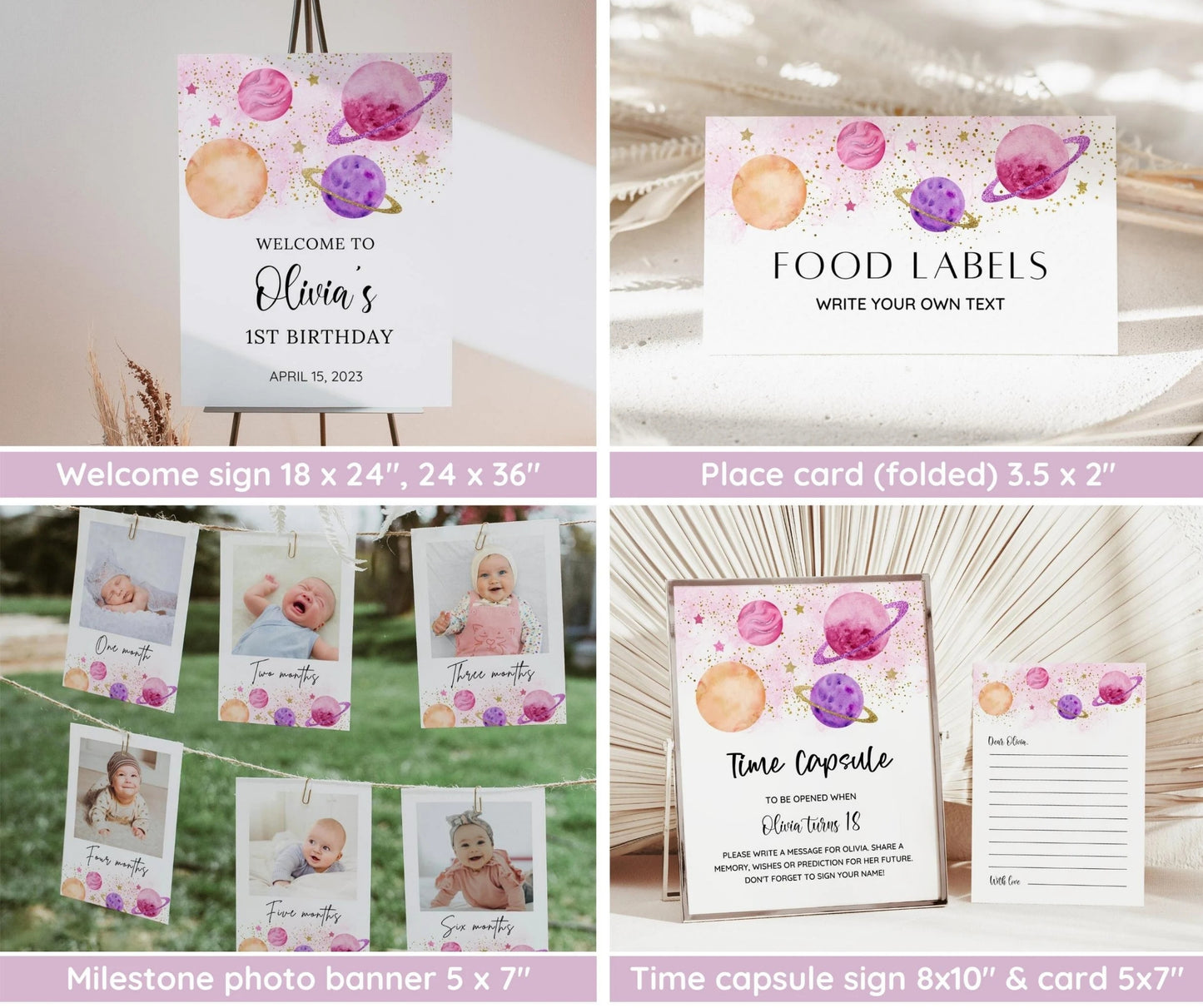 First Trip Around The Sun Birthday Invitation Bundle, Editable Space Invitation 1st Birthday, Space Birthday Decoration, First Birthday Girl