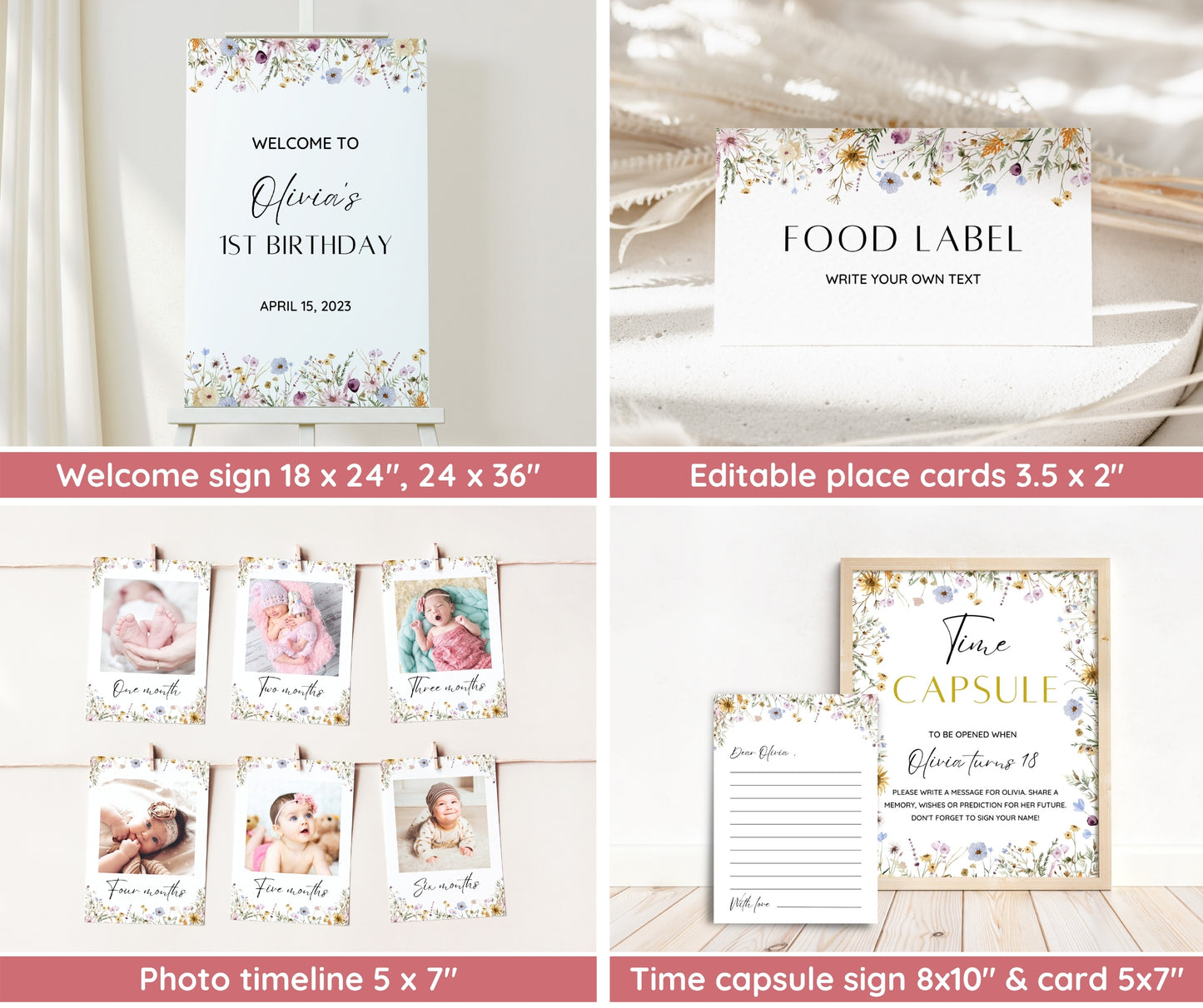 Wildflower Birthday Invitation Bundle, Wildflower First Birthday Invitation, Girl 1st Birthday, First Birthday Decorations, Wildflower Boho