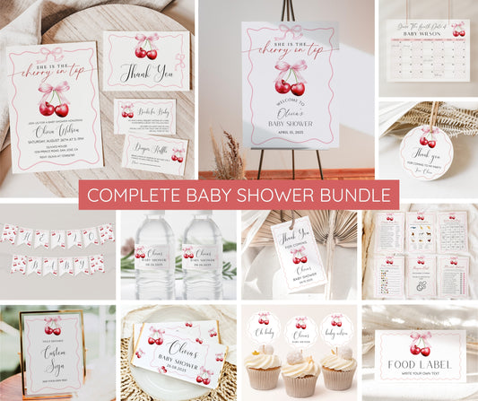 Cherry Baby Shower Invitation Bundle, Cherry on Top Invite Set, Coquette Pink Bow Berries, Girl Baby Shower, Editable Templates, Printable