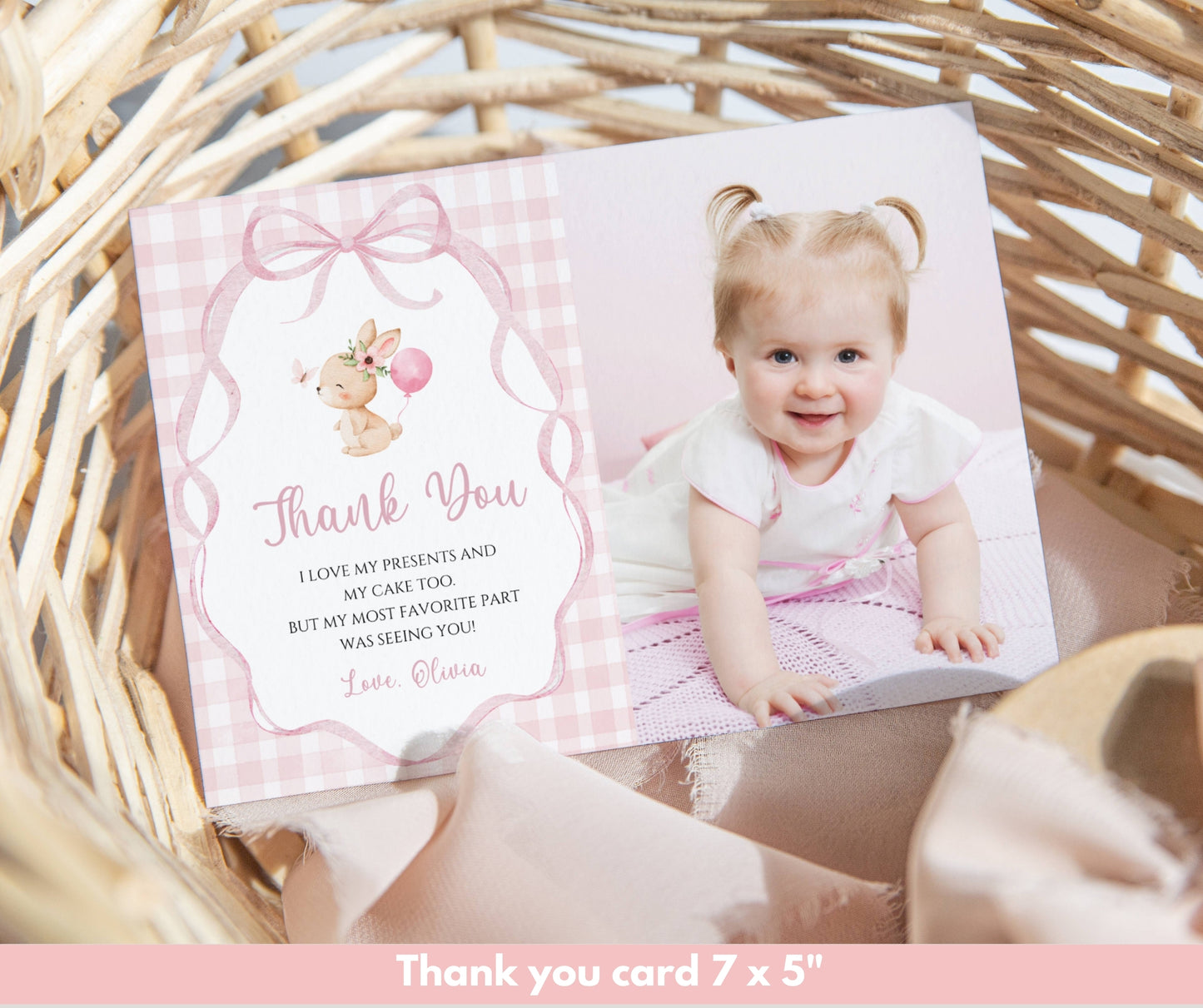 Bunny First Birthday Invitation Bundle, Some Bunny Is One Birthday Set, Pink Bow Rabbit Coquette Gingham Girl 1st Birthday Editable Template